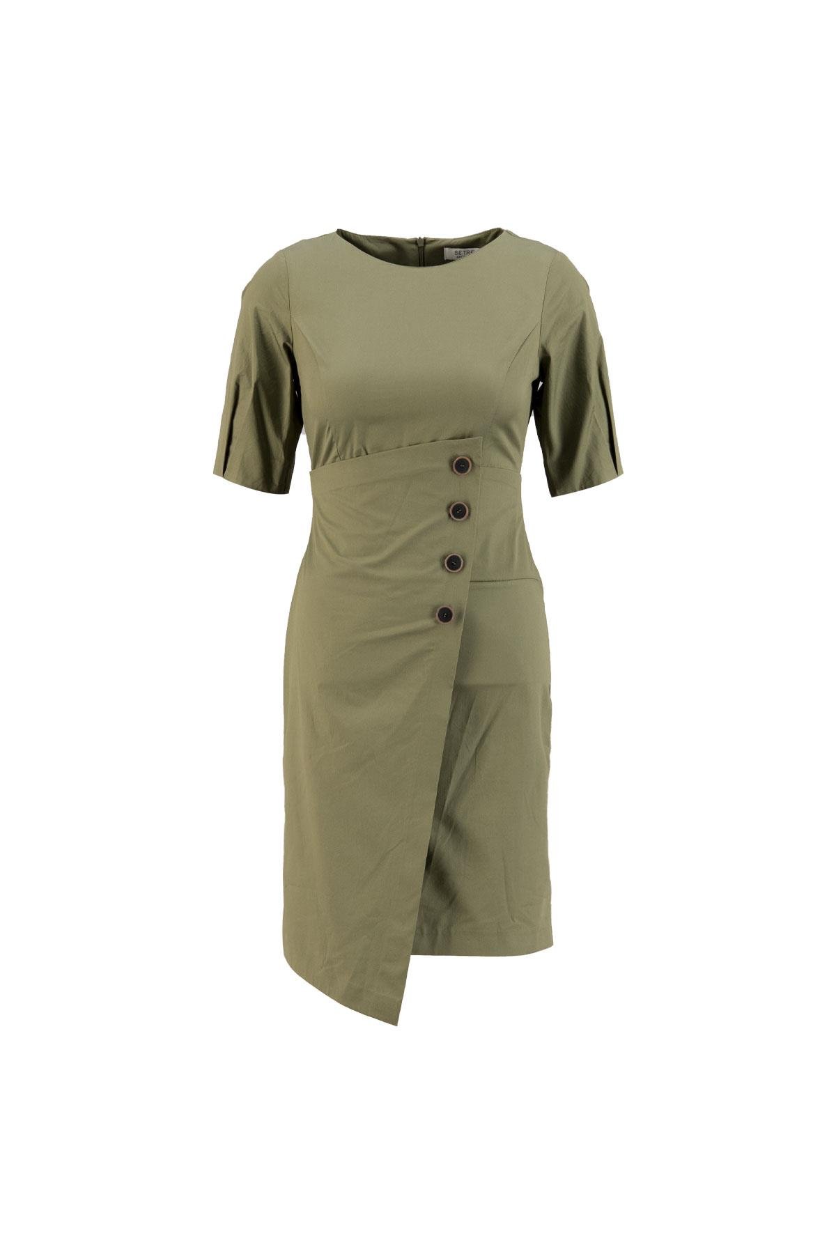 Khaki V-Neck Fitted Lined Half Sleeve Maxi Length Floral Pattern Dress Kadın Dresses & Evening Dresses modelleri