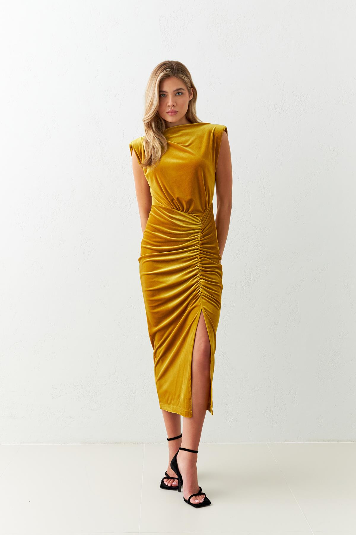 Hardal Balıkçı Yaka Drapeli Tam Kalıp Yırtmaçlı Elbise Kadın Kategorisiz modelleri