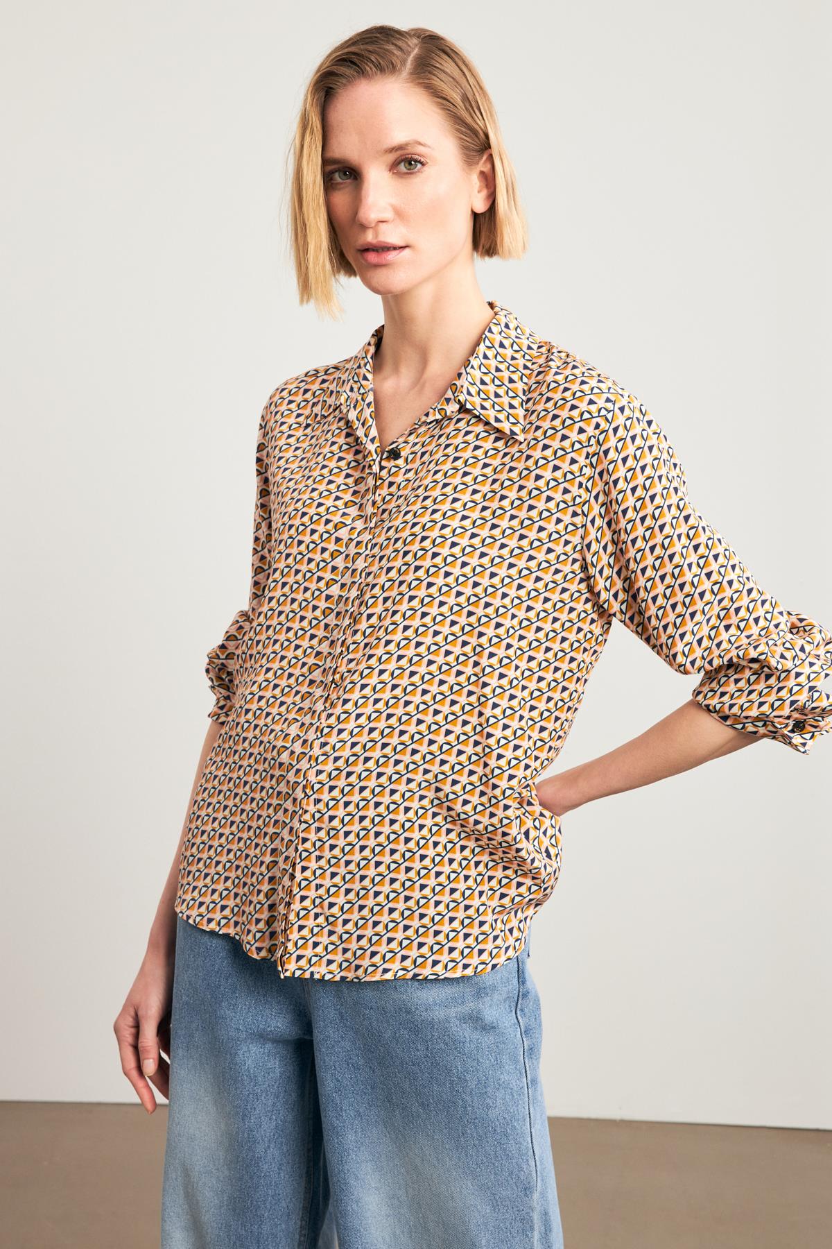 Hardal Desenli Uzun Kollu Gömlek Kadın Gömlek modelleri