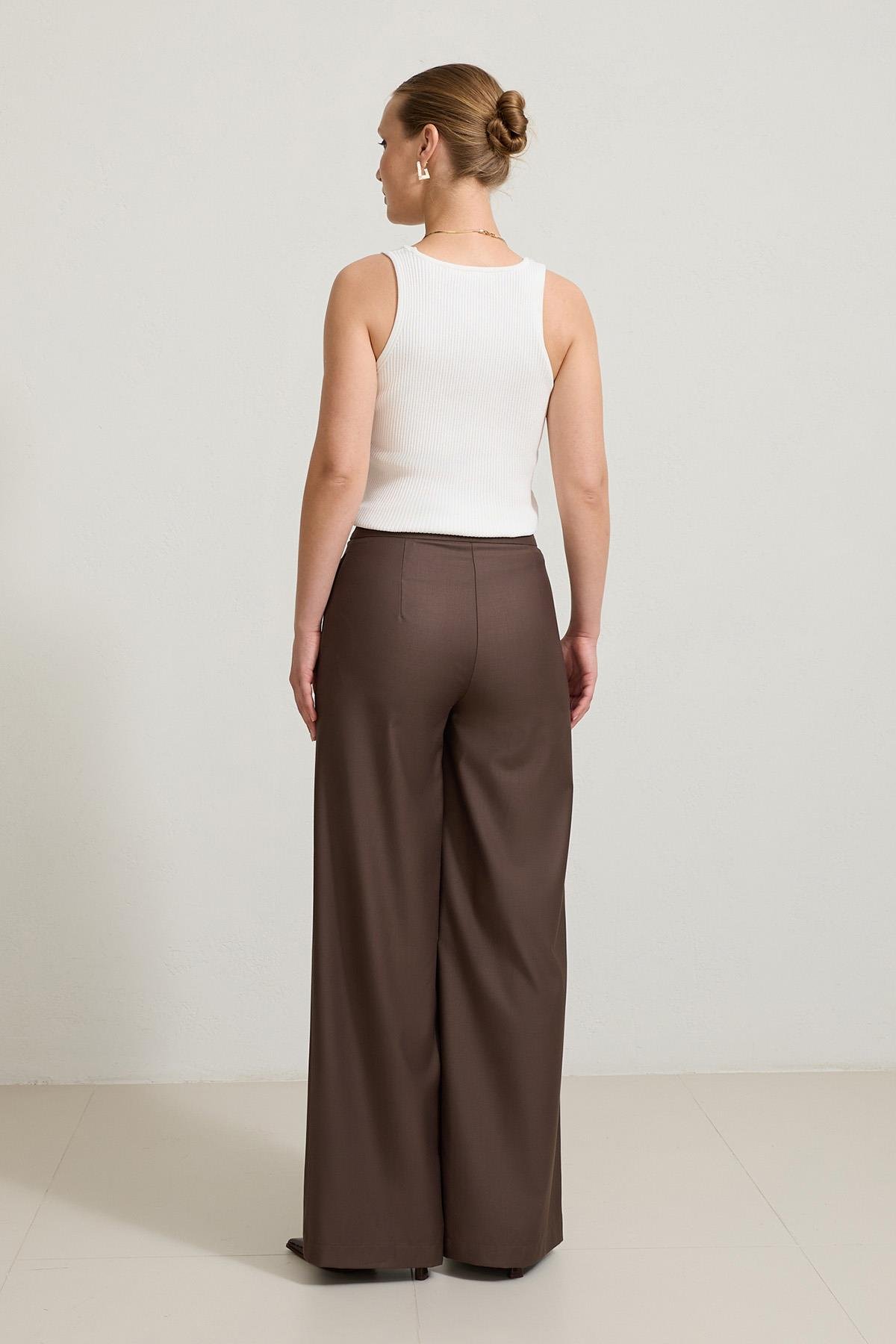 Kahve Bel Detaylı Dar Kalıp Pantolon Kadın Pantolon modelleri