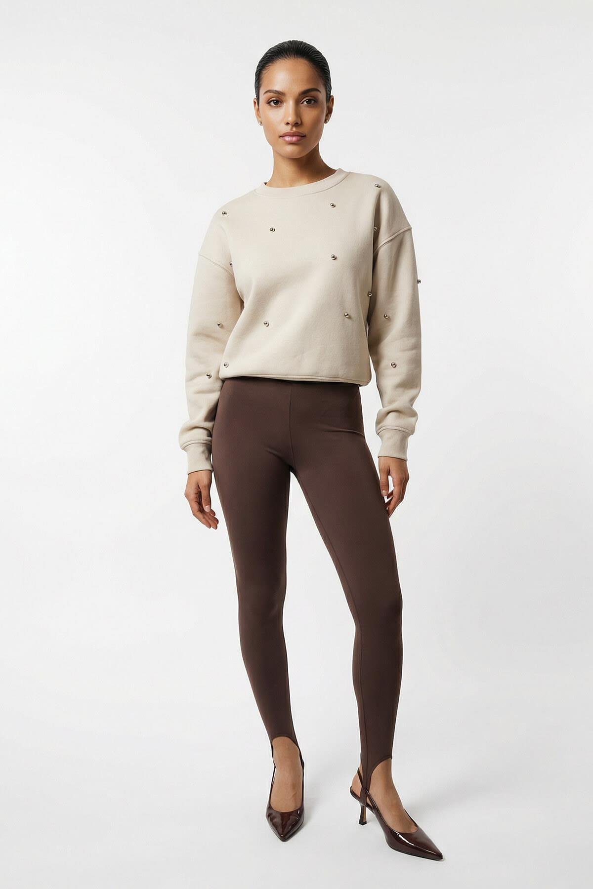 Kahve Kemer Ve Paça Detaylı Tayt Kadın Tayt modelleri