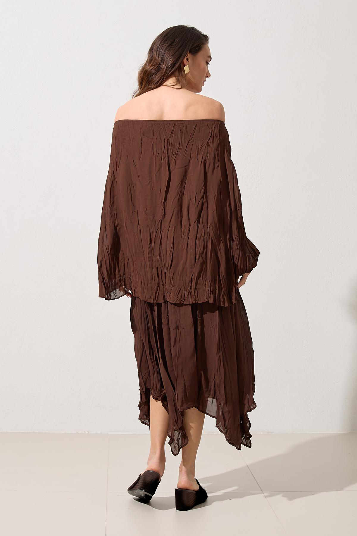 Kahve Rahat Kesim Bluz Midi Boy Asimetrik Etekli Takım Kadın Etekli Takım modelleri