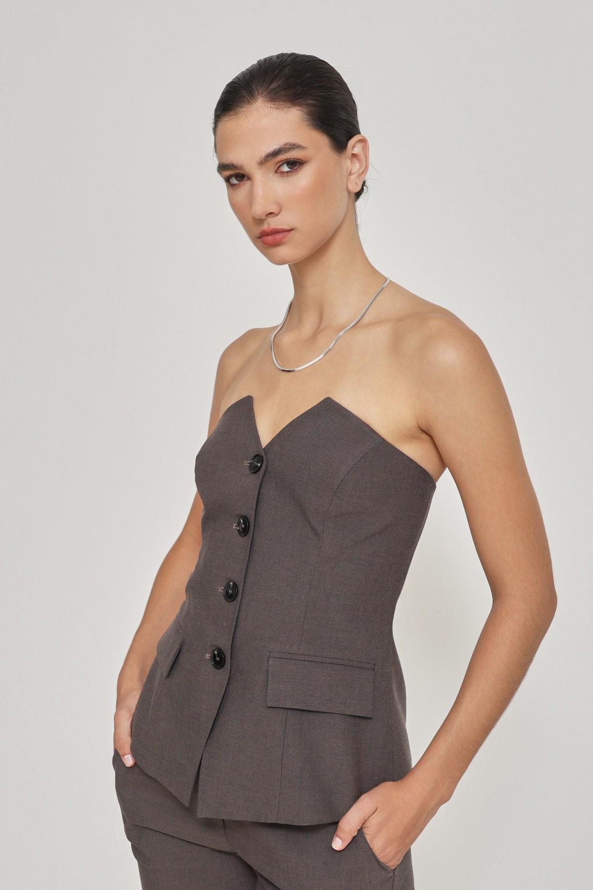 Kahve Straplez Yelek Ve Pantolon İkili Takım Kadın Kategorisiz modelleri