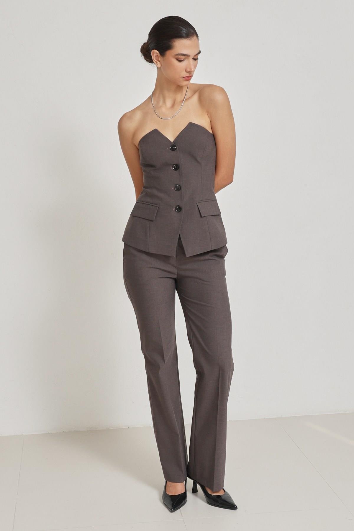 Kahve Straplez Yelek Ve Pantolon İkili Takım Kadın Kategorisiz modelleri