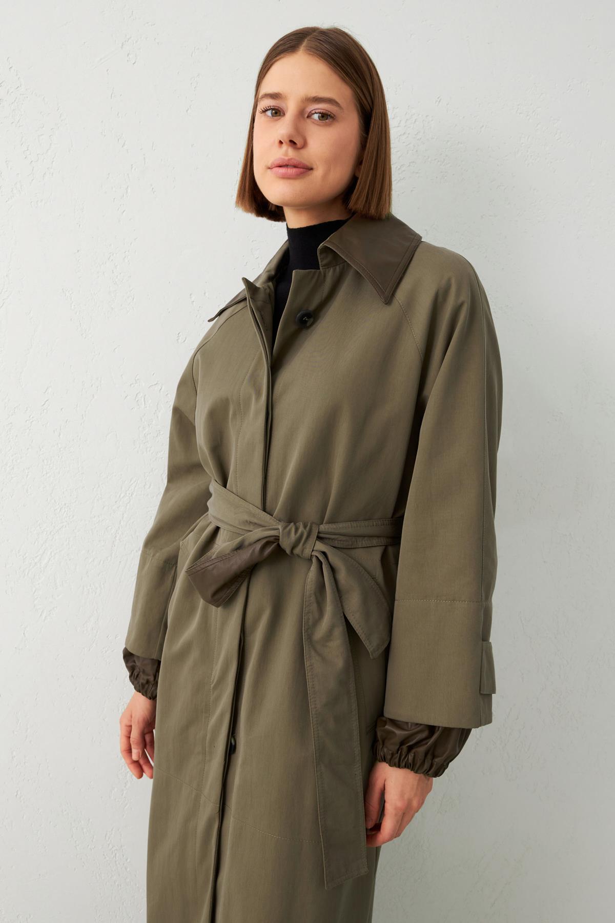 Kahve Yaka Ve Kemer Detaylı Uzun Trençkot Kadın Trençkot modelleri