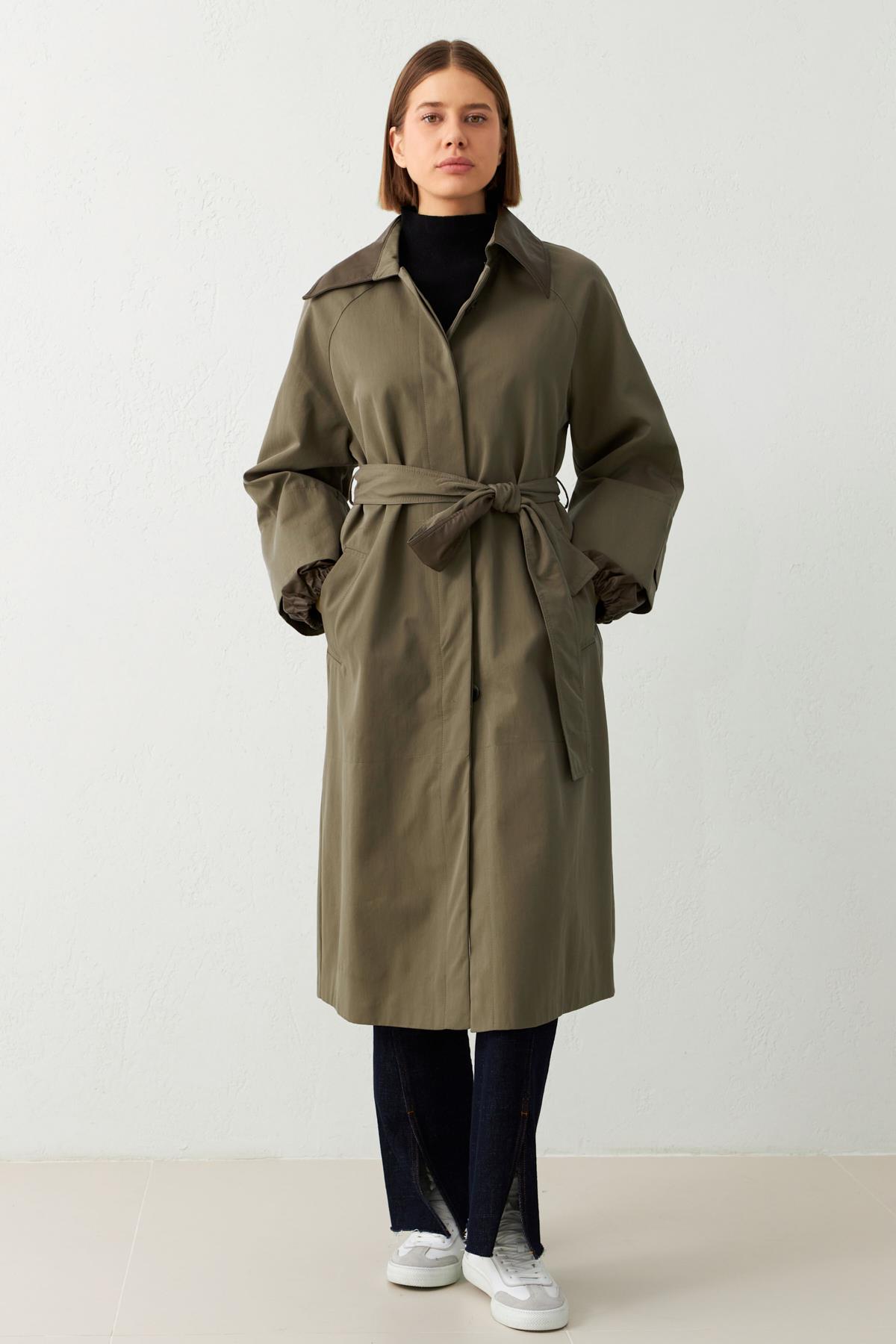 Kahve Yaka Ve Kemer Detaylı Uzun Trençkot Kadın Trençkot modelleri