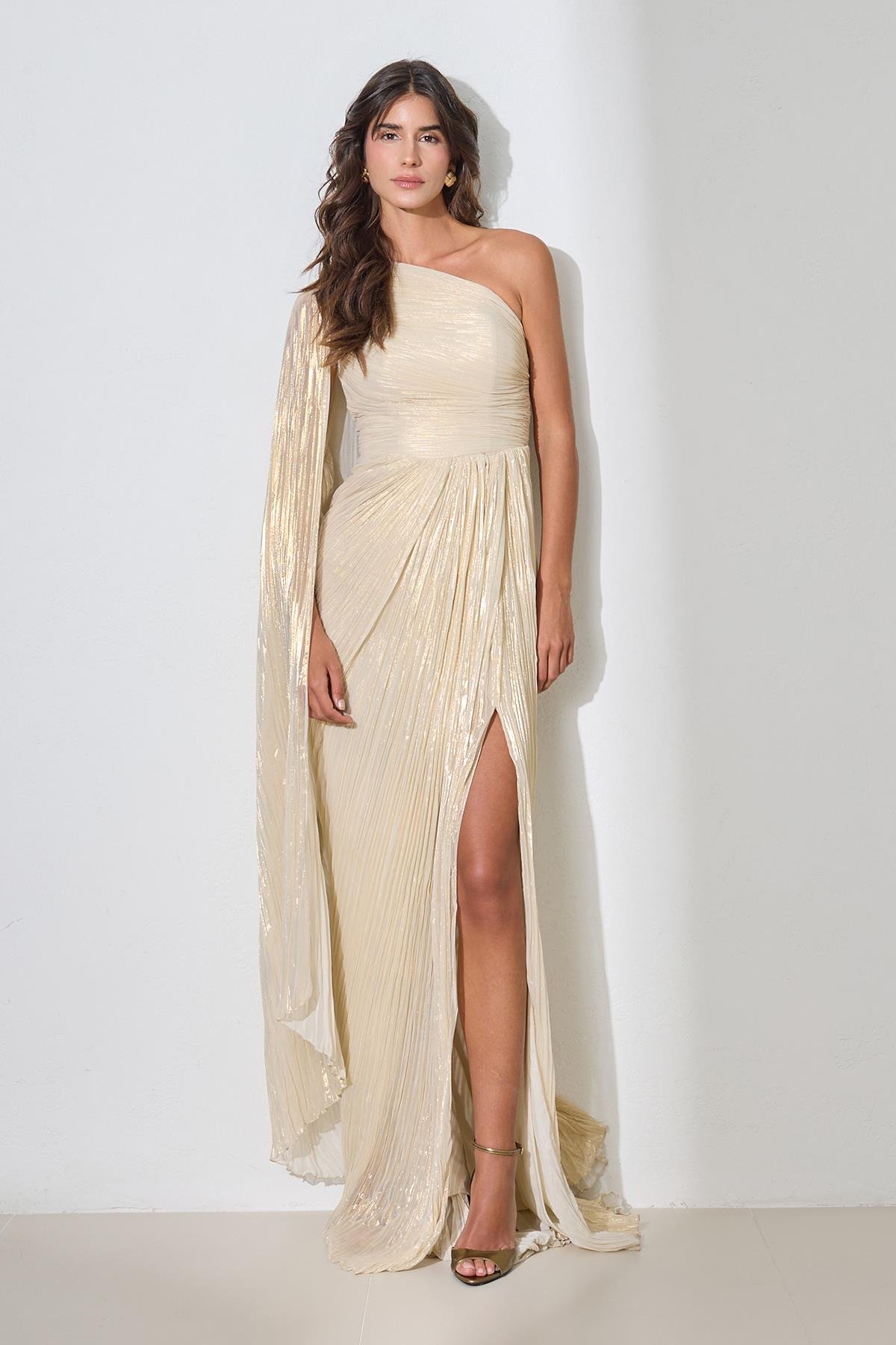 Kemik Gold Tek Omuz Drape Detaylı Tam Kalıp Uzun Abiye Elbise Kadın Abiye Elbise modelleri