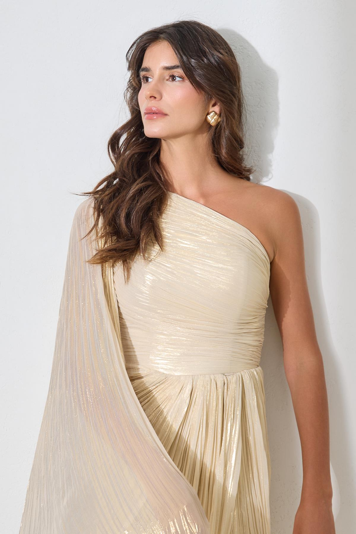 Kemik Gold Tek Omuz Drape Detaylı Tam Kalıp Uzun Abiye Elbise Kadın Abiye Elbise modelleri