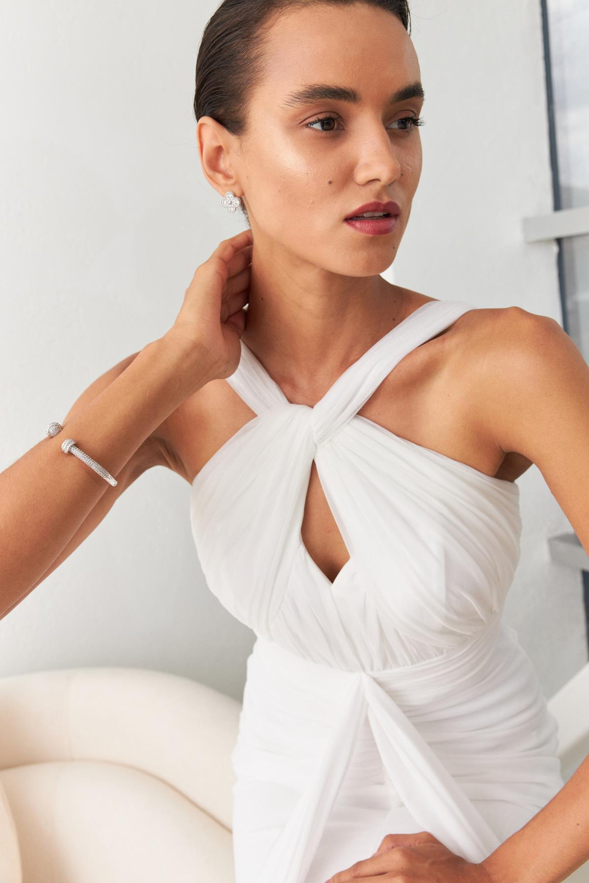 Kemik Koyu Lila Bağlama Detaylı Büzgülü Abiye Kadın Kategorisiz modelleri