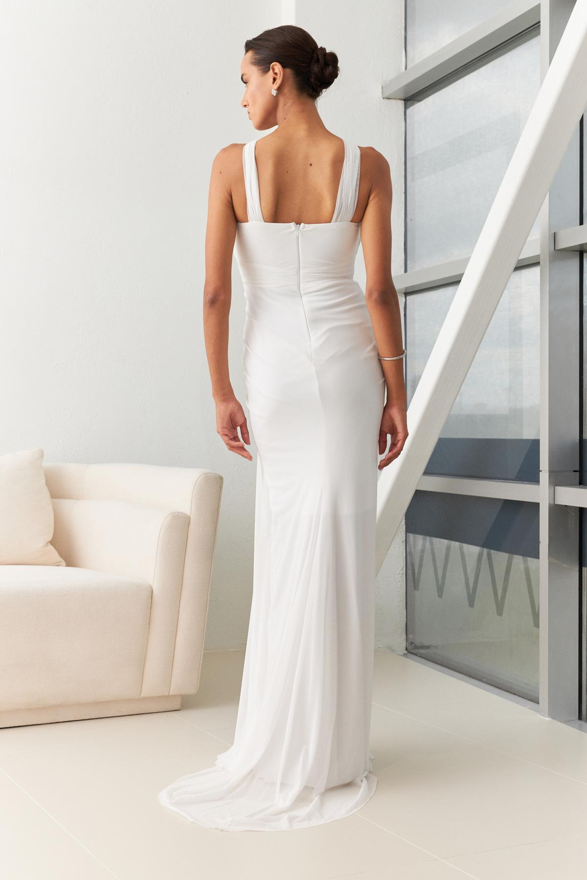 Kemik Koyu Lila Bağlama Detaylı Büzgülü Abiye Kadın Kategorisiz modelleri