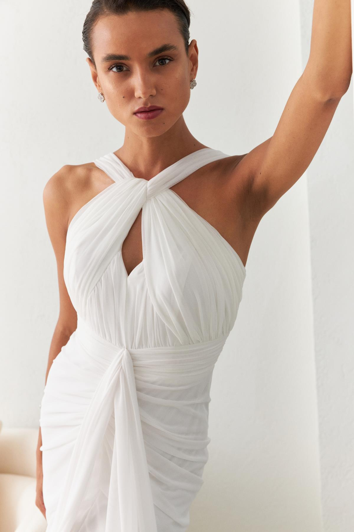 Kemik Koyu Lila Bağlama Detaylı Büzgülü Abiye Kadın Kategorisiz modelleri