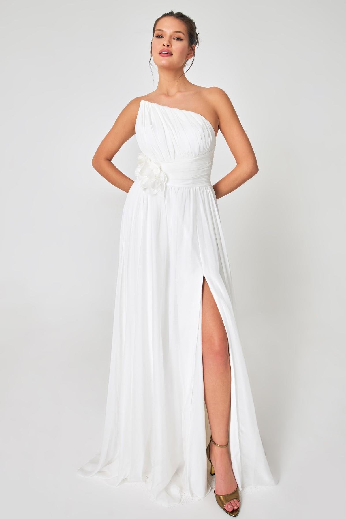 Kemik Tek Omuz Drape Ve Gül Detaylı Yırtmaçlı Abiye Elbise Kadın Kategorisiz modelleri