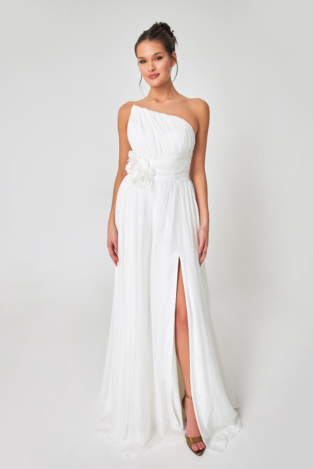 Kemik Tek Omuz Drape Ve Gül Detaylı Yırtmaçlı Abiye Elbise Kadın Kategorisiz modelleri