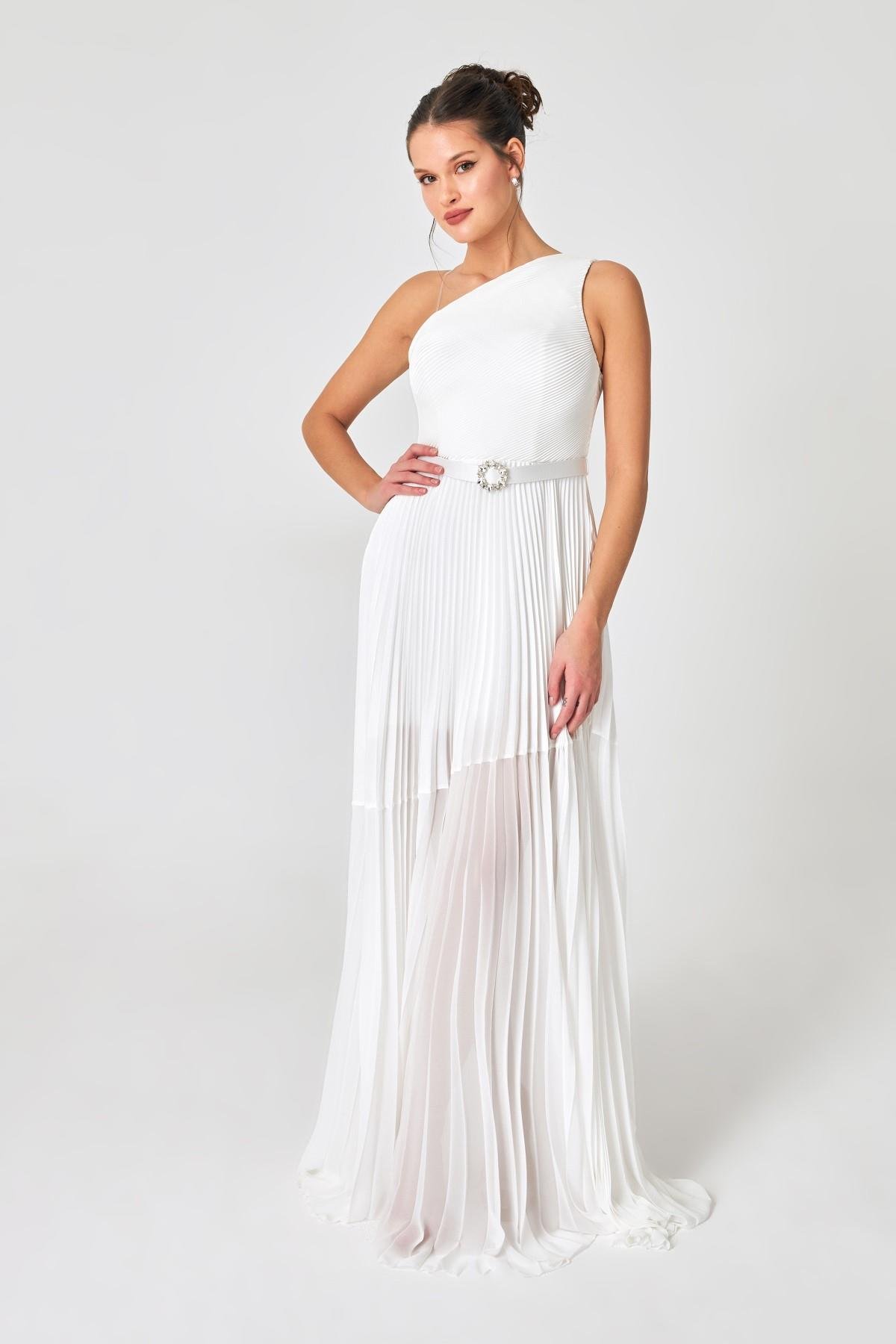 Kemik Tek Omuzlu Belden Kemer Ve Etekten Transparan Detaylı Abiye Elbise Kadın Kategorisiz modelleri