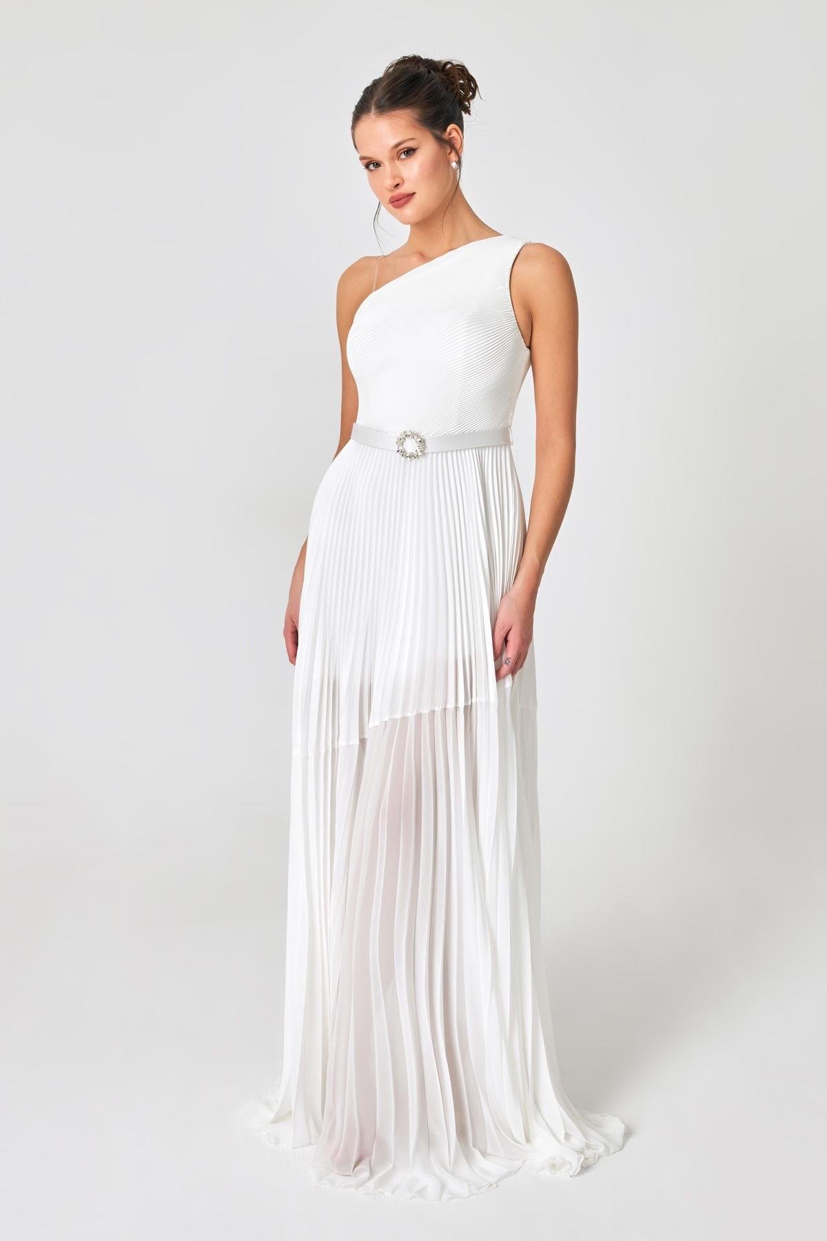 Kemik Tek Omuzlu Belden Kemer Ve Etekten Transparan Detaylı Abiye Elbise Kadın Kategorisiz modelleri