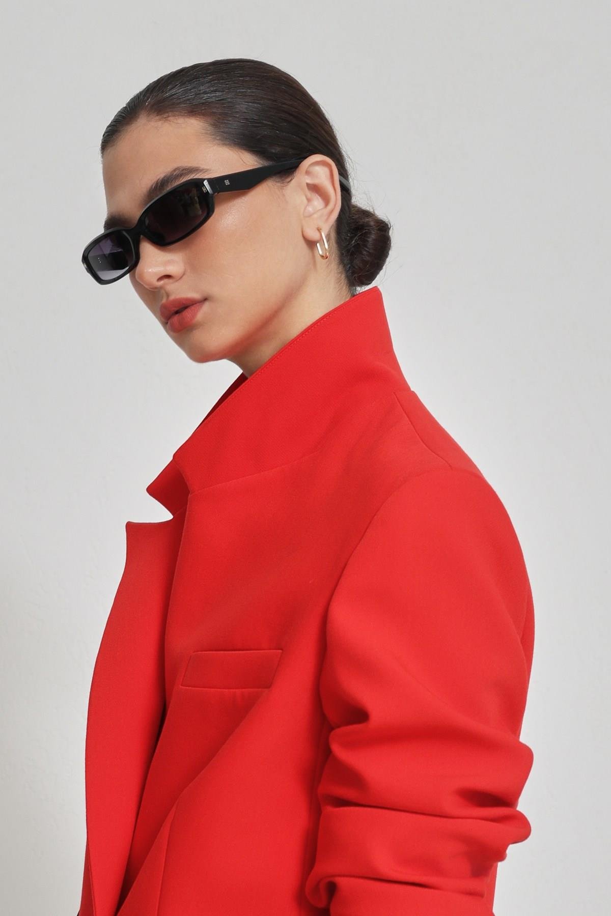 Kırmızı Asimetrik Kapama Cep Detaylı Ceket Kadın Ceket modelleri