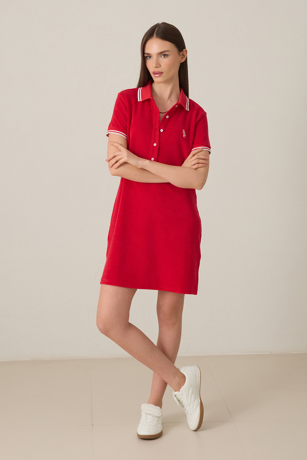 Kırmızı Dar Kalıp Önden Düğme Ve Yaka Detaylı Kısa Kollu Şeritli Havlu Kumaş Mini Elbise Kadın Günlük Elbise modelleri