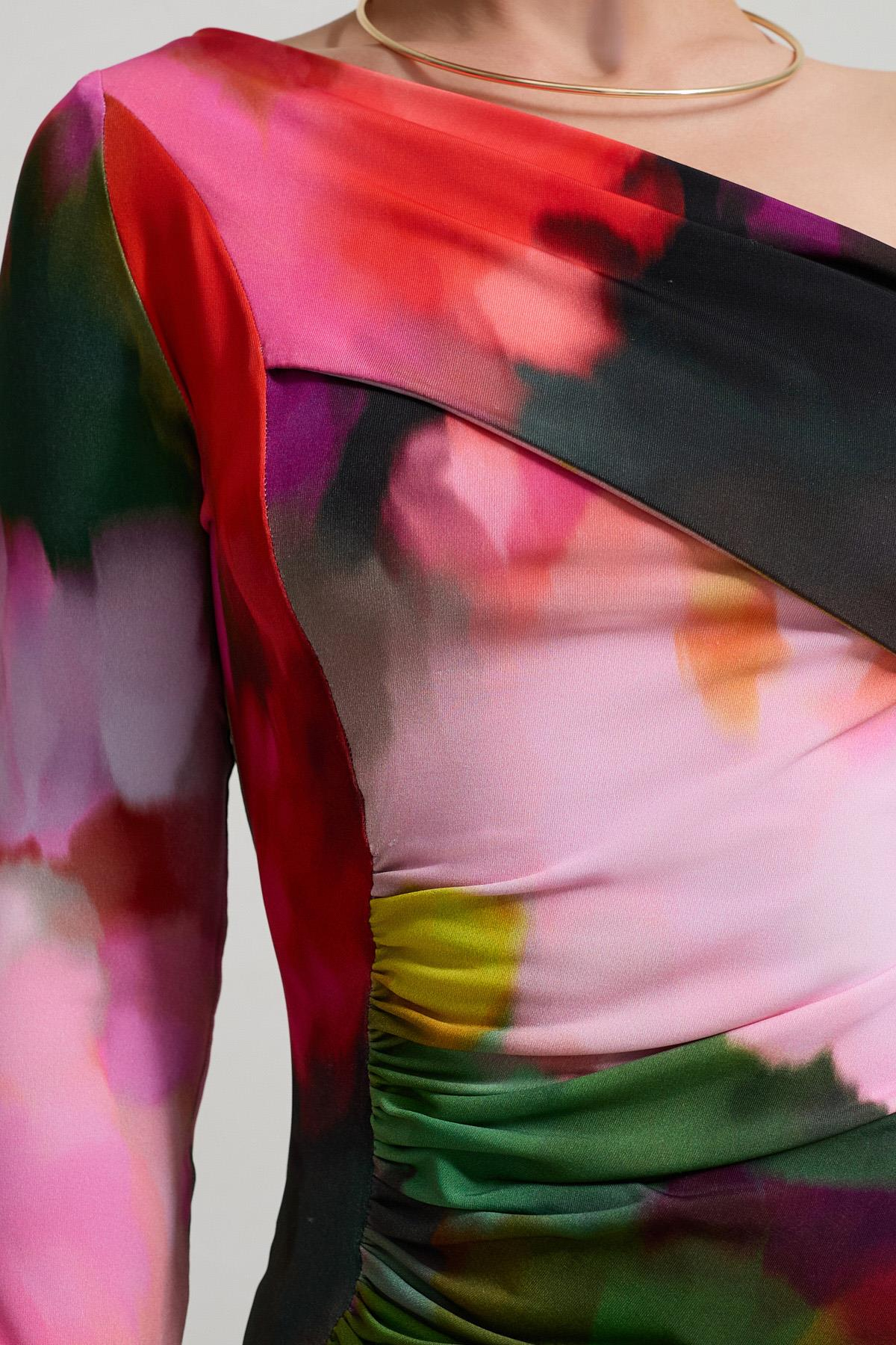 Kırmızı Yaka Ve Bel Detaylı Desenli Bluz Kadın Bluz modelleri