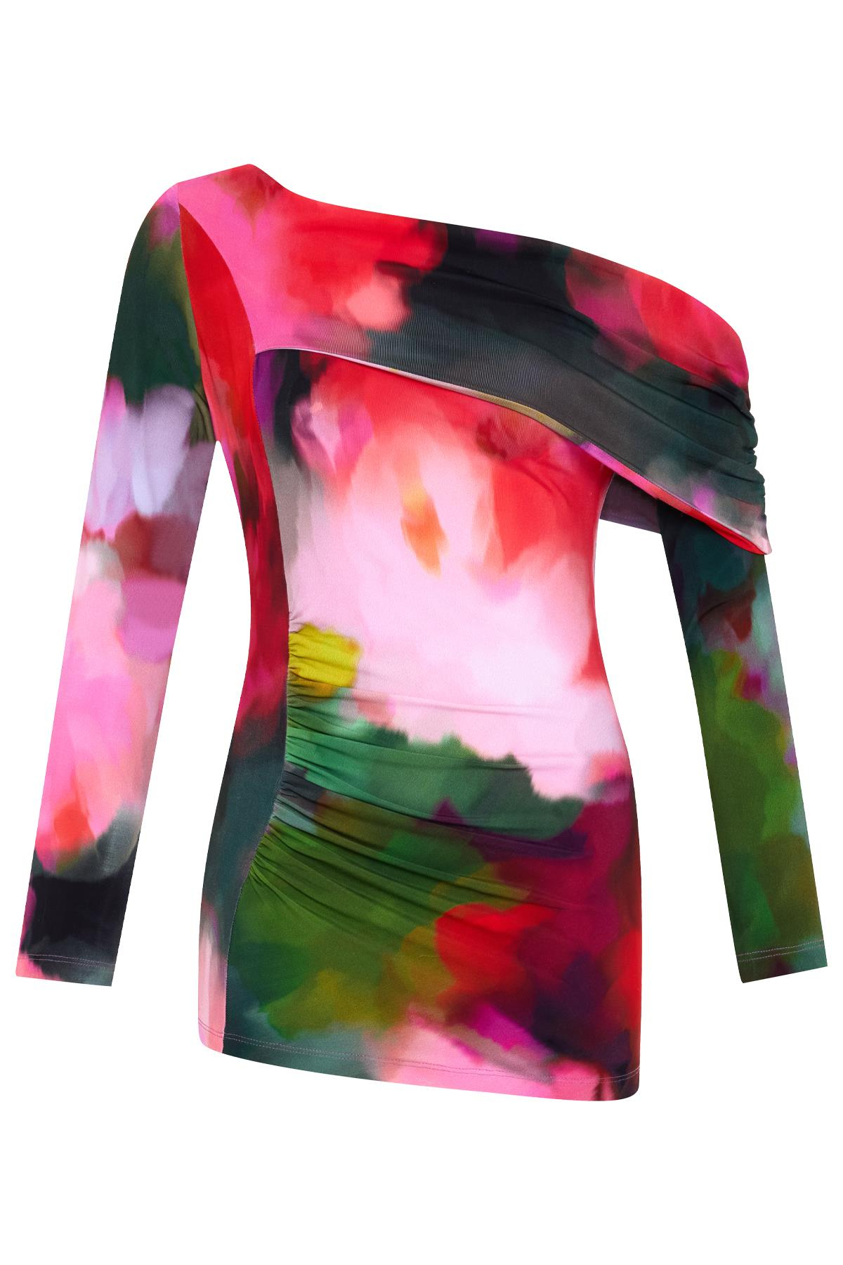 Kırmızı Yaka Ve Bel Detaylı Desenli Bluz Kadın Bluz modelleri