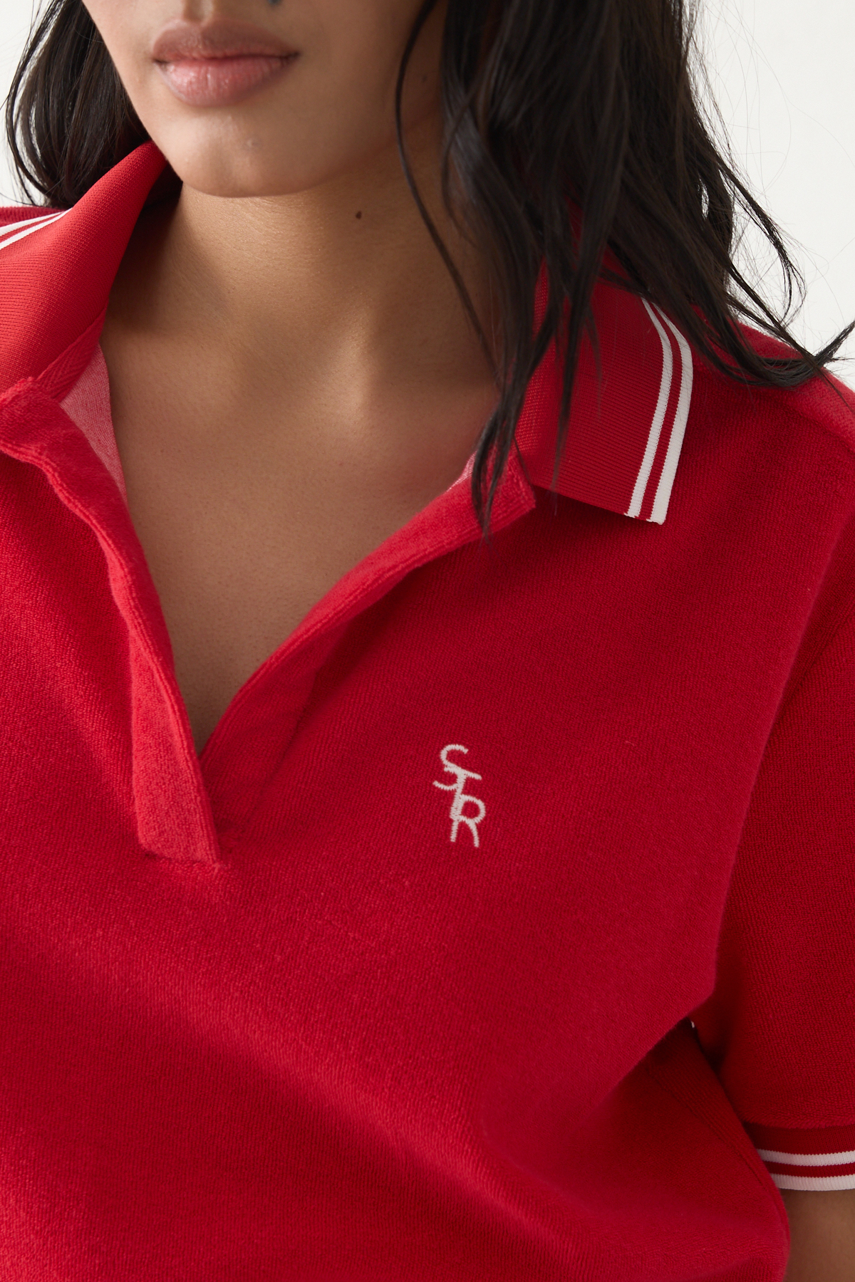 Kırmızı Yaka Ve Çizgi Detaylı Havlu Kumaş T-Shirt Kadın T-Shirt modelleri