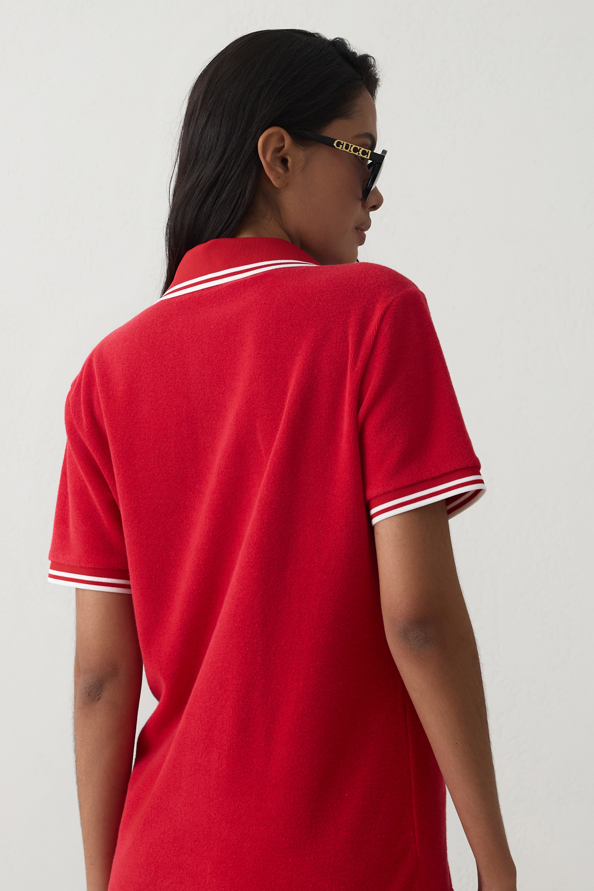 Kırmızı Yaka Ve Çizgi Detaylı Havlu Kumaş T-Shirt Kadın T-Shirt modelleri