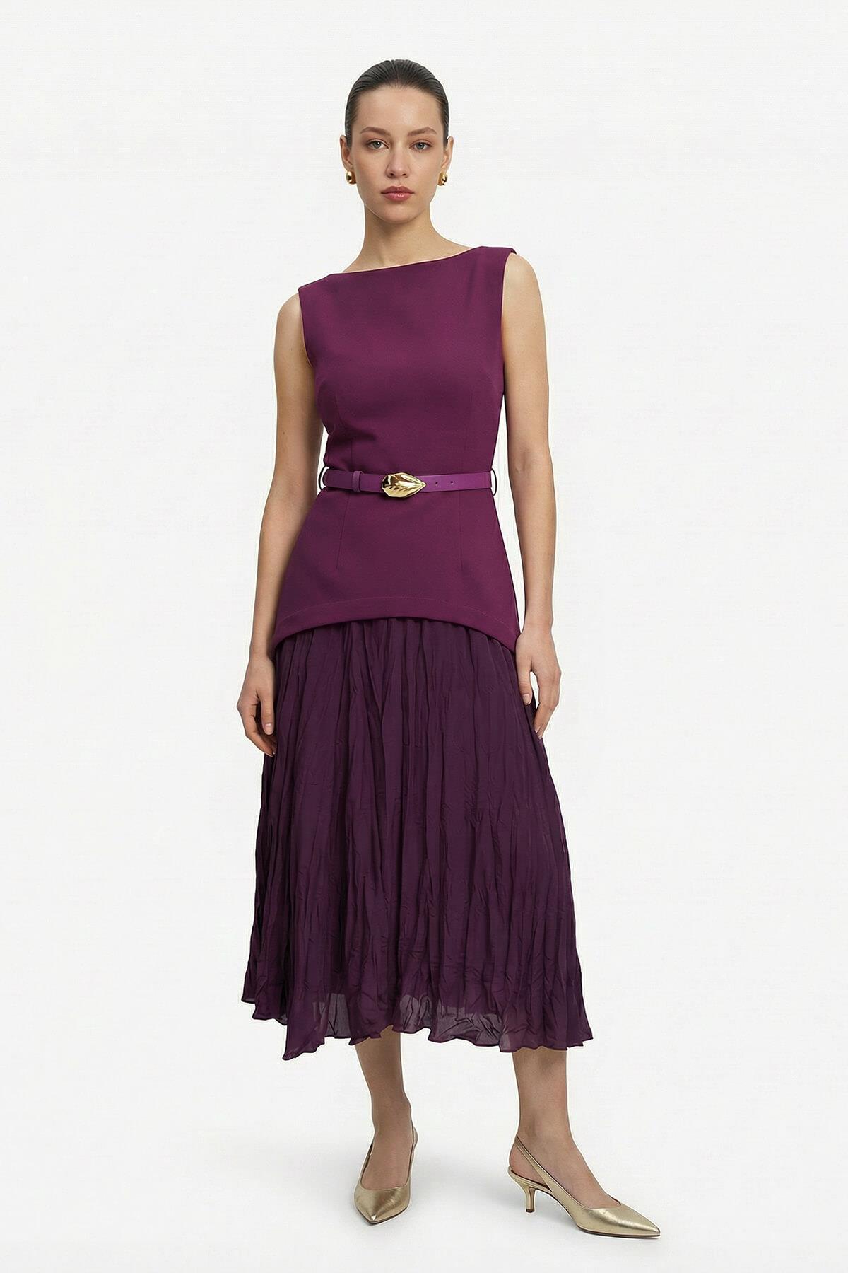 Koyu Fuşya Kolsuz Belden Kemerli Dar Kalıp Kayık Yaka Elbise Kadın Elbise modelleri