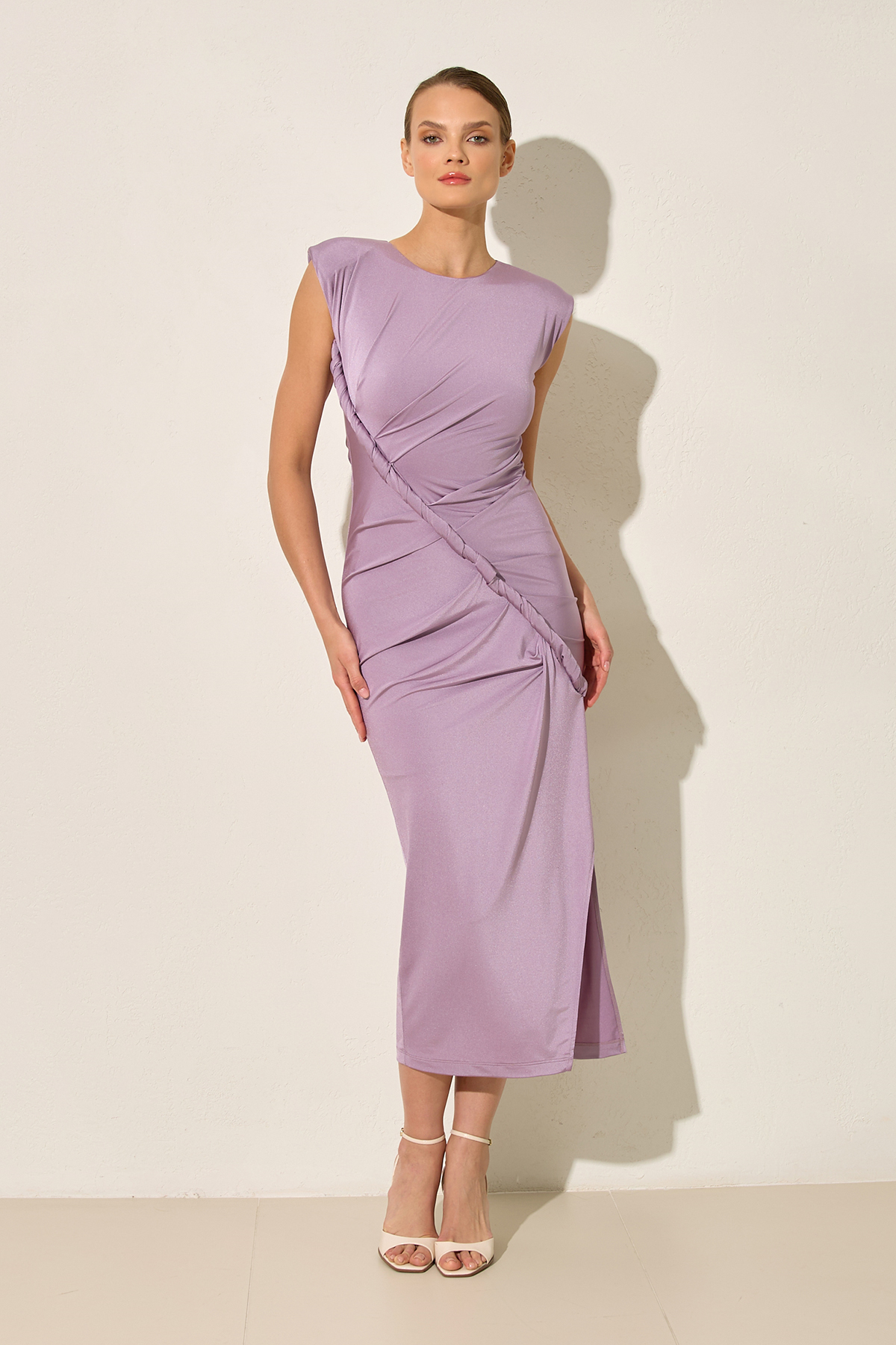 Koyu Lila Büzgü Ve Yırtmaç Detaylı, Midi Boy Elbise Kadın Kategorisiz modelleri