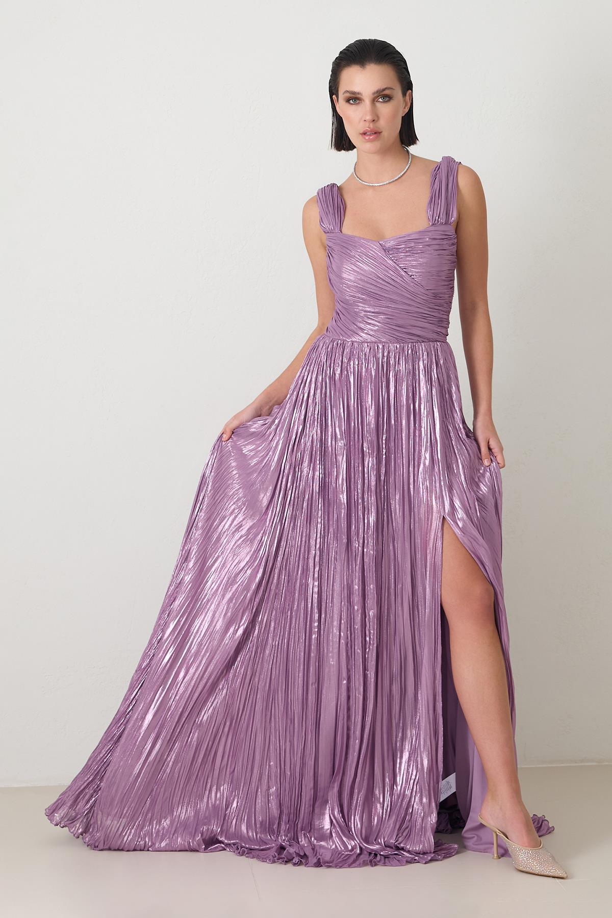 Koyu Lila Omuz Detaylı Belden Oturtmalı Yırtmaçlı Dükümlü Abiye Elbise Kadın Kategorisiz modelleri