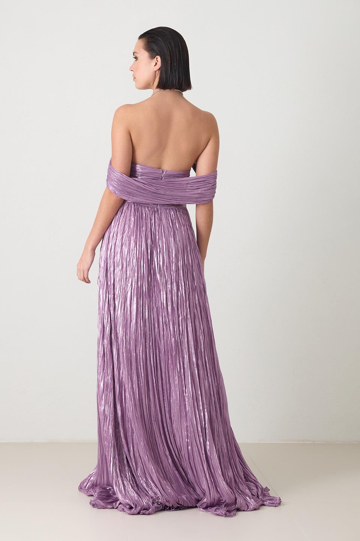 Koyu Lila Omuz Detaylı Belden Oturtmalı Yırtmaçlı Dükümlü Abiye Elbise Kadın Kategorisiz modelleri