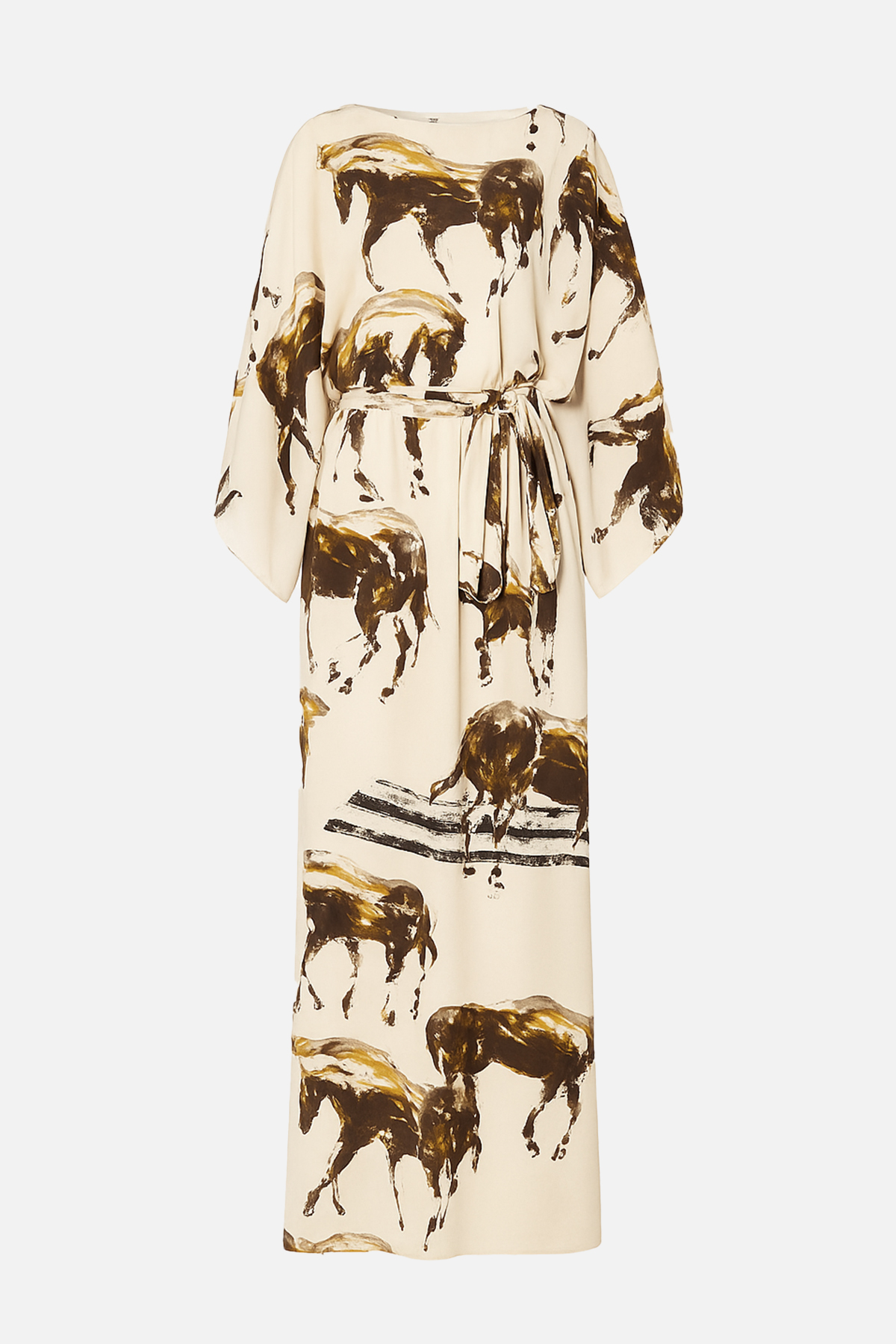 Krem - Acı Kahve Rahat Kesim Belden Büzgü Detaylı Desenli Midi Boy Elbise Kadın Kategorisiz modelleri