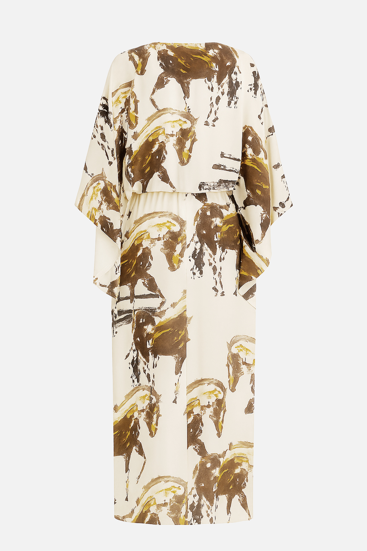 Krem - Acı Kahve Rahat Kesim Belden Büzgü Detaylı Desenli Midi Boy Elbise Kadın Kategorisiz modelleri