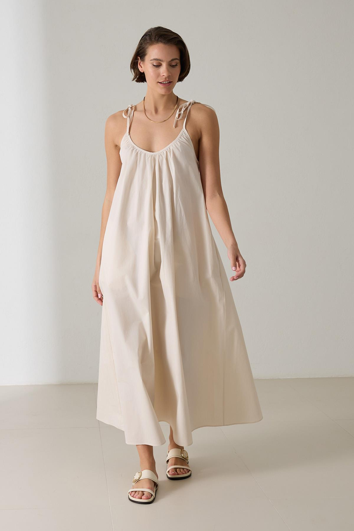 Krem Omuz Detaylı Pamuklu Rahat Kalıp Elbise Kadın Kategorisiz modelleri