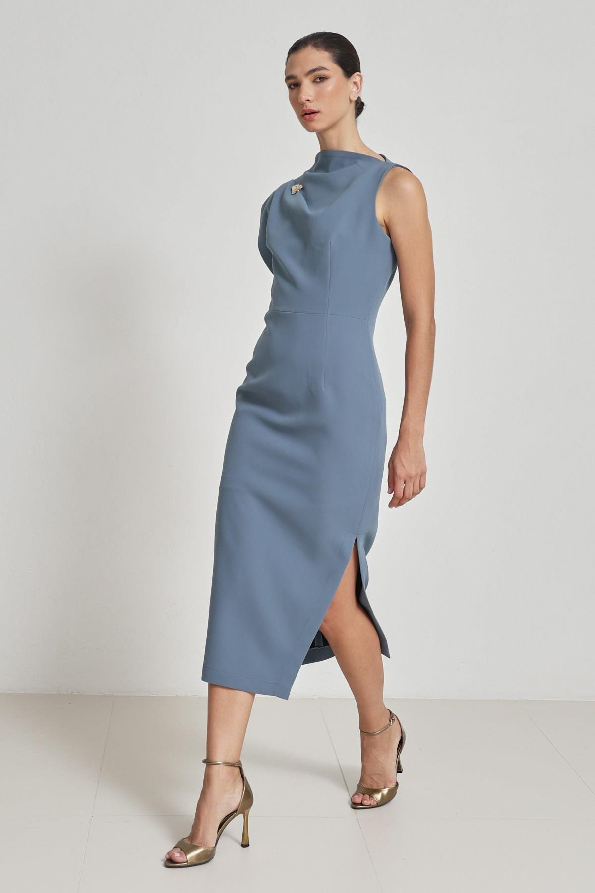 Kuvars Tek Omuz Detaylı Tam Kalıp Midi Boy Elbise Kadın Günlük Elbise modelleri