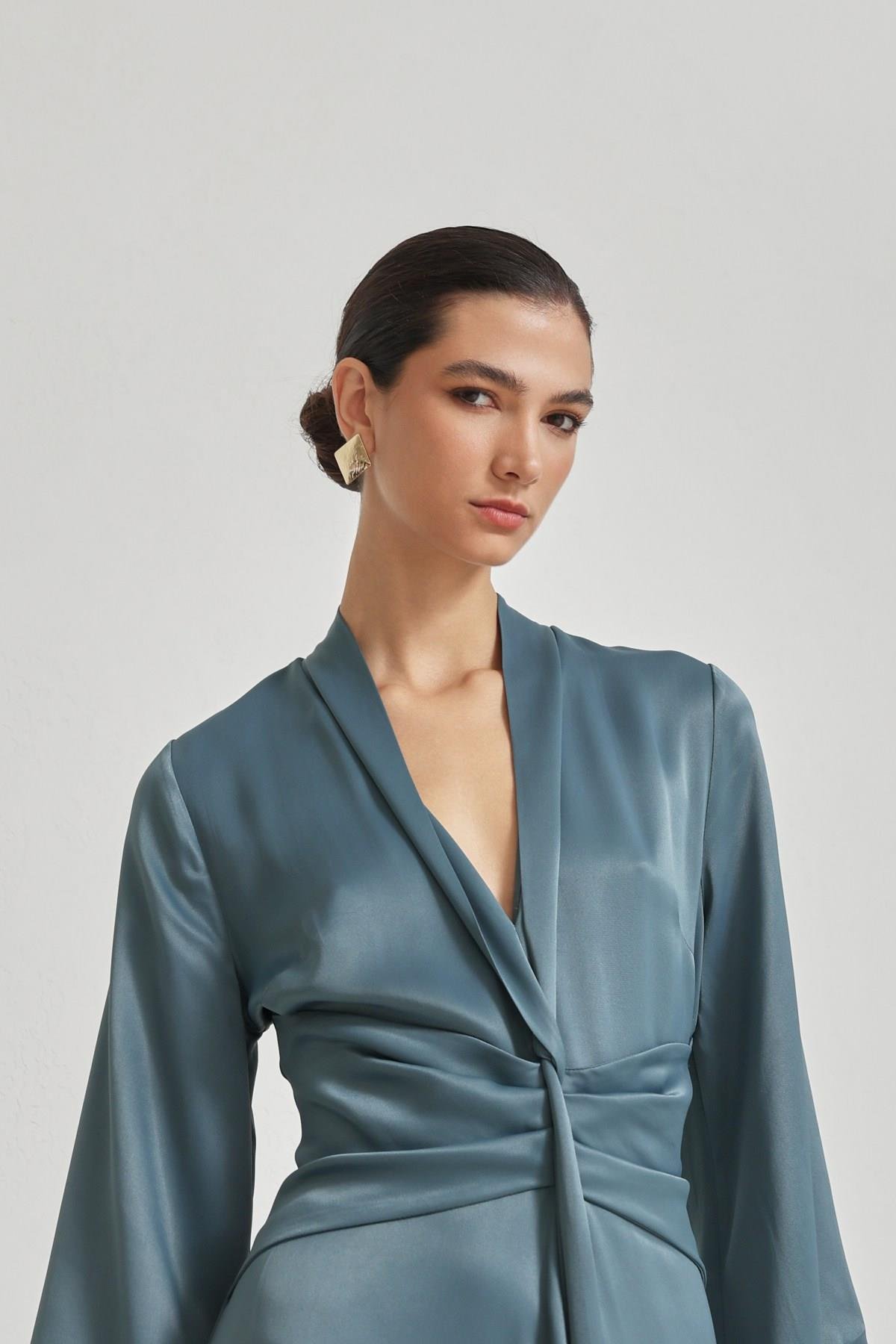 Kuvars V Yaka Bel Ve Kol Detaylı Midi Boy Elbise Kadın Günlük Elbise modelleri