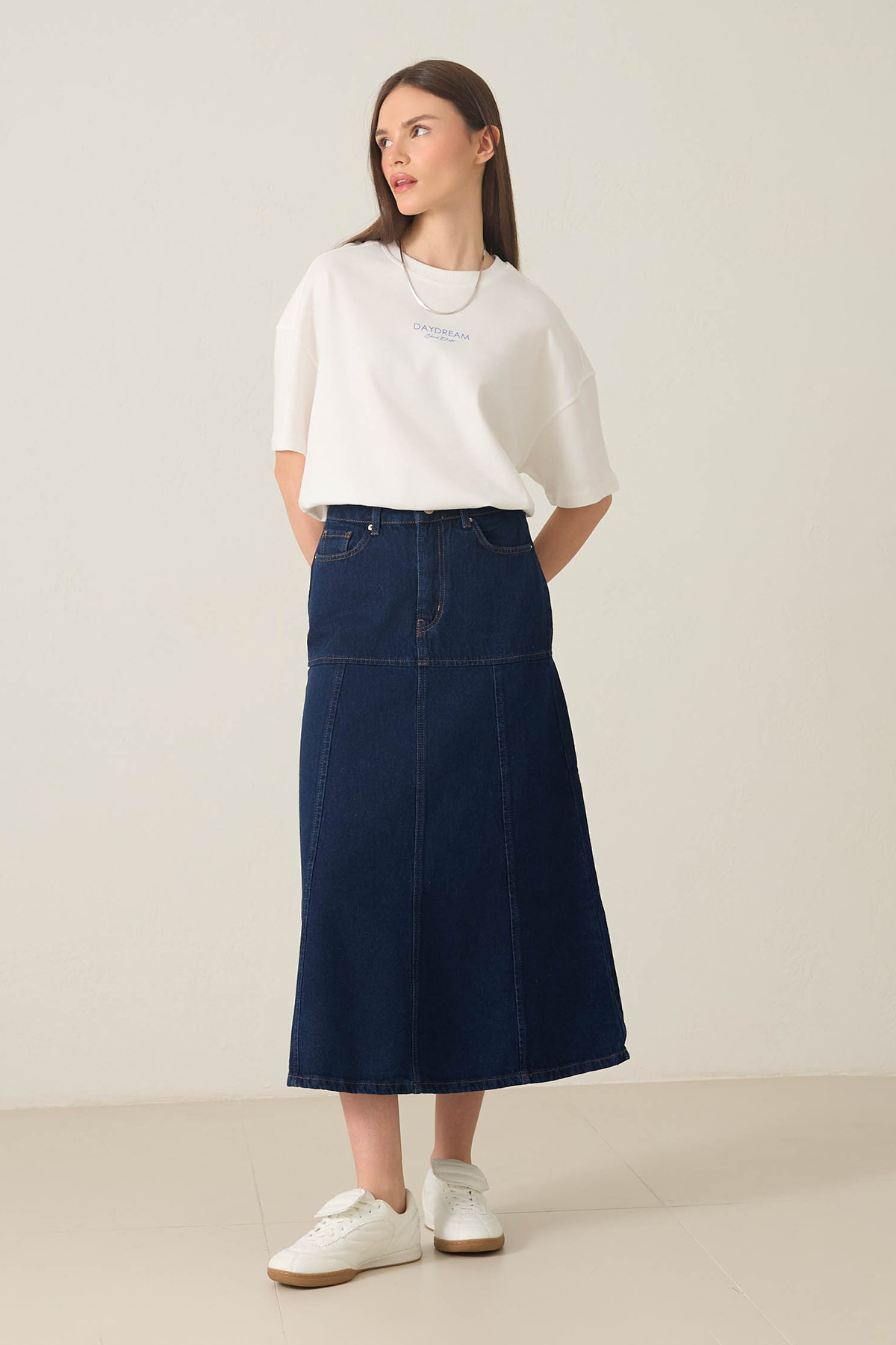 Lacivert %100 Pamuklu Dikiş Detaylı Midi Boy Kot Etek Kadın Etek modelleri