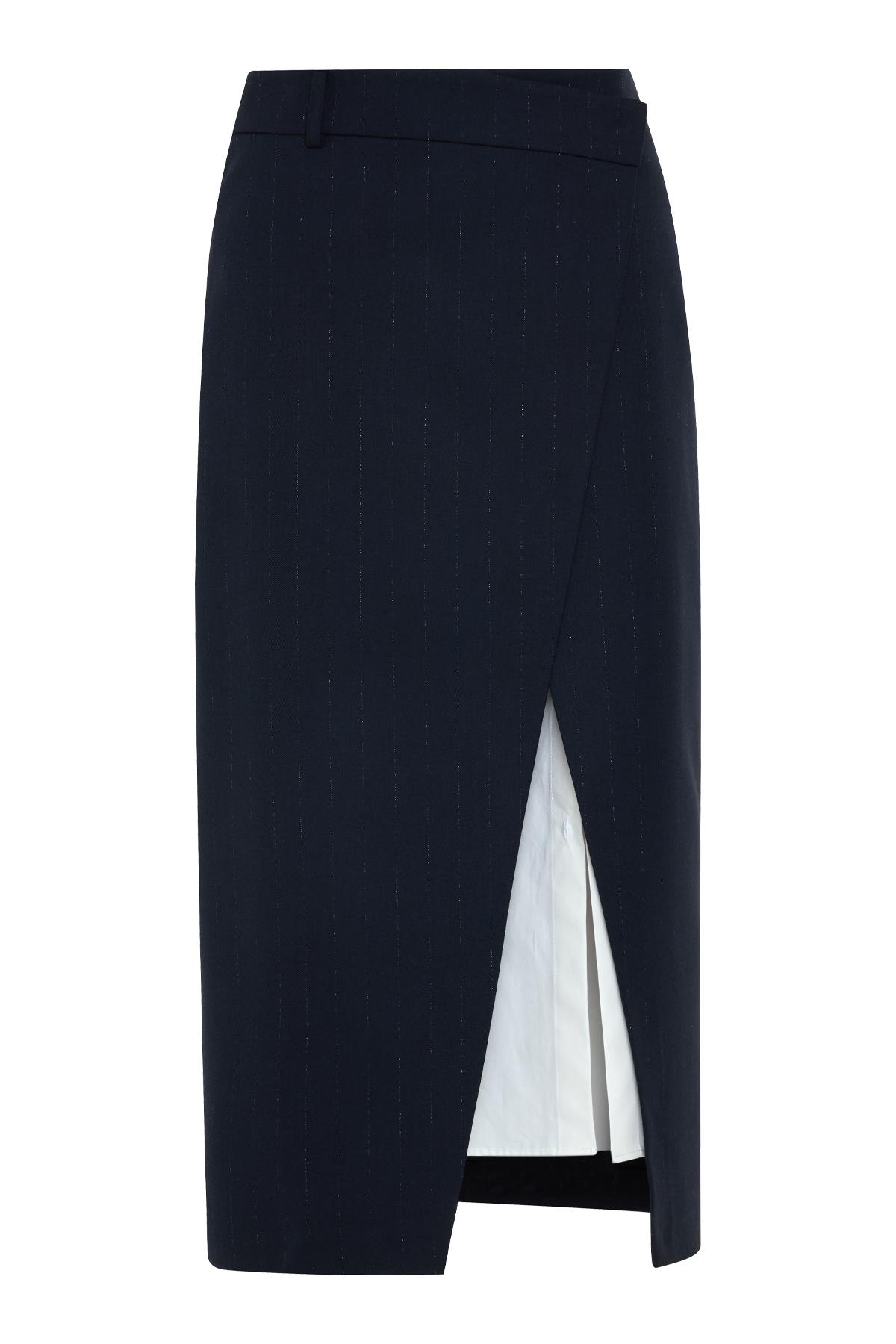 Lacivert Asimetrik Kapama Çizgili Tam Kalıp Etek Kadın Etek modelleri