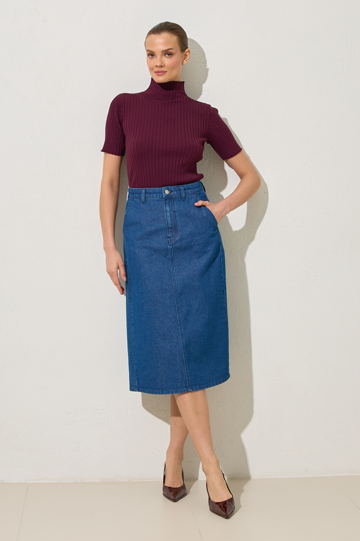 Lacivert Cep Detaylı Kot Etek Kadın Etek modelleri