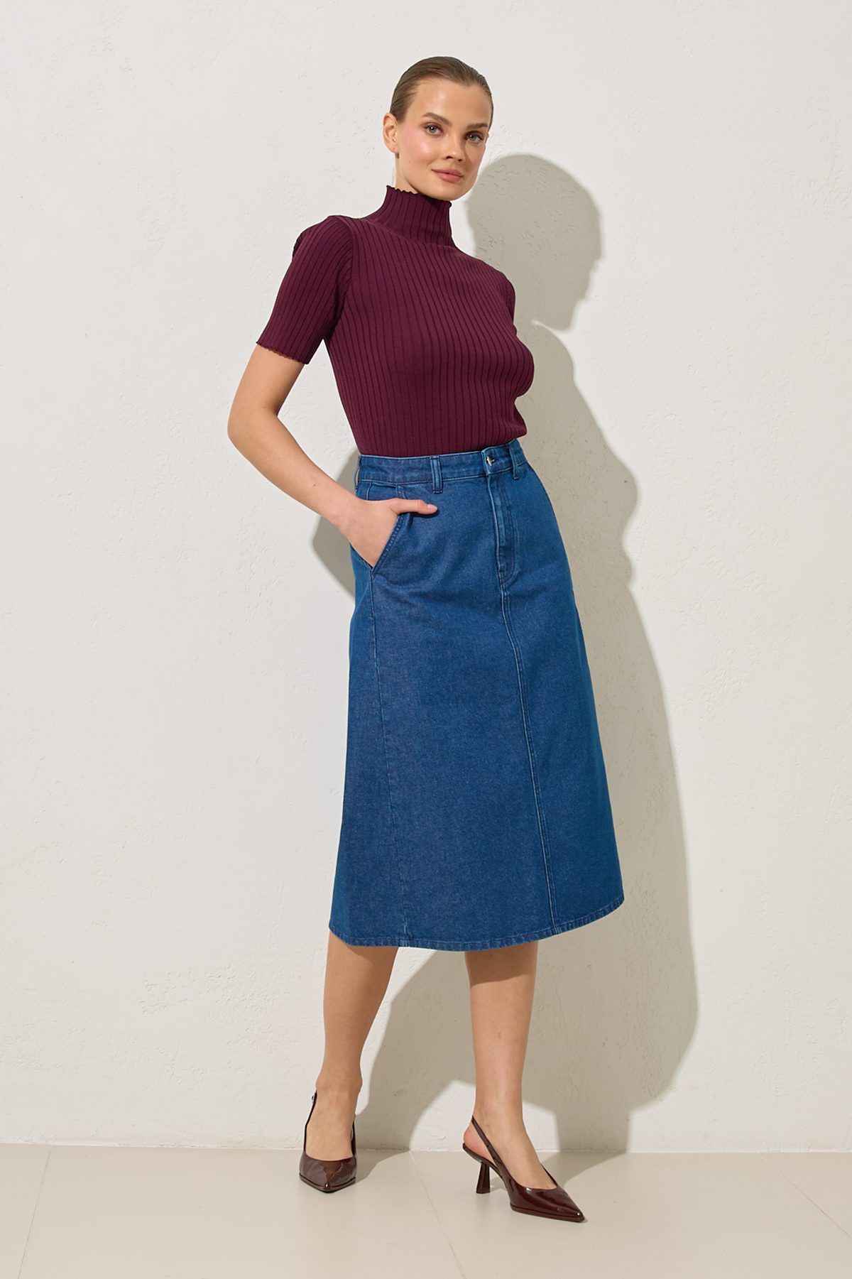 Lacivert Cep Detaylı Kot Etek Kadın Etek modelleri
