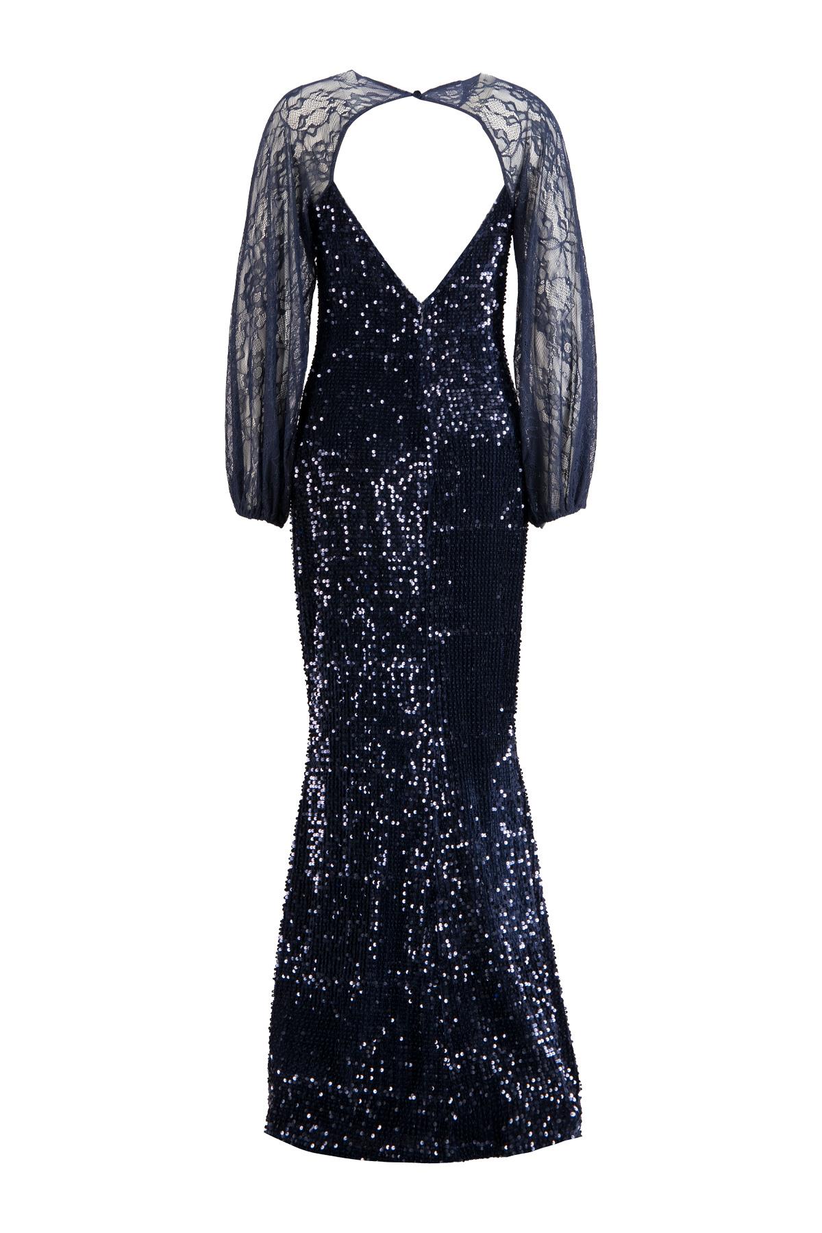 Lacivert Bisiklet Yaka Uzun Kol Maxi Abiye Elbise Kadın Evening Dress modelleri