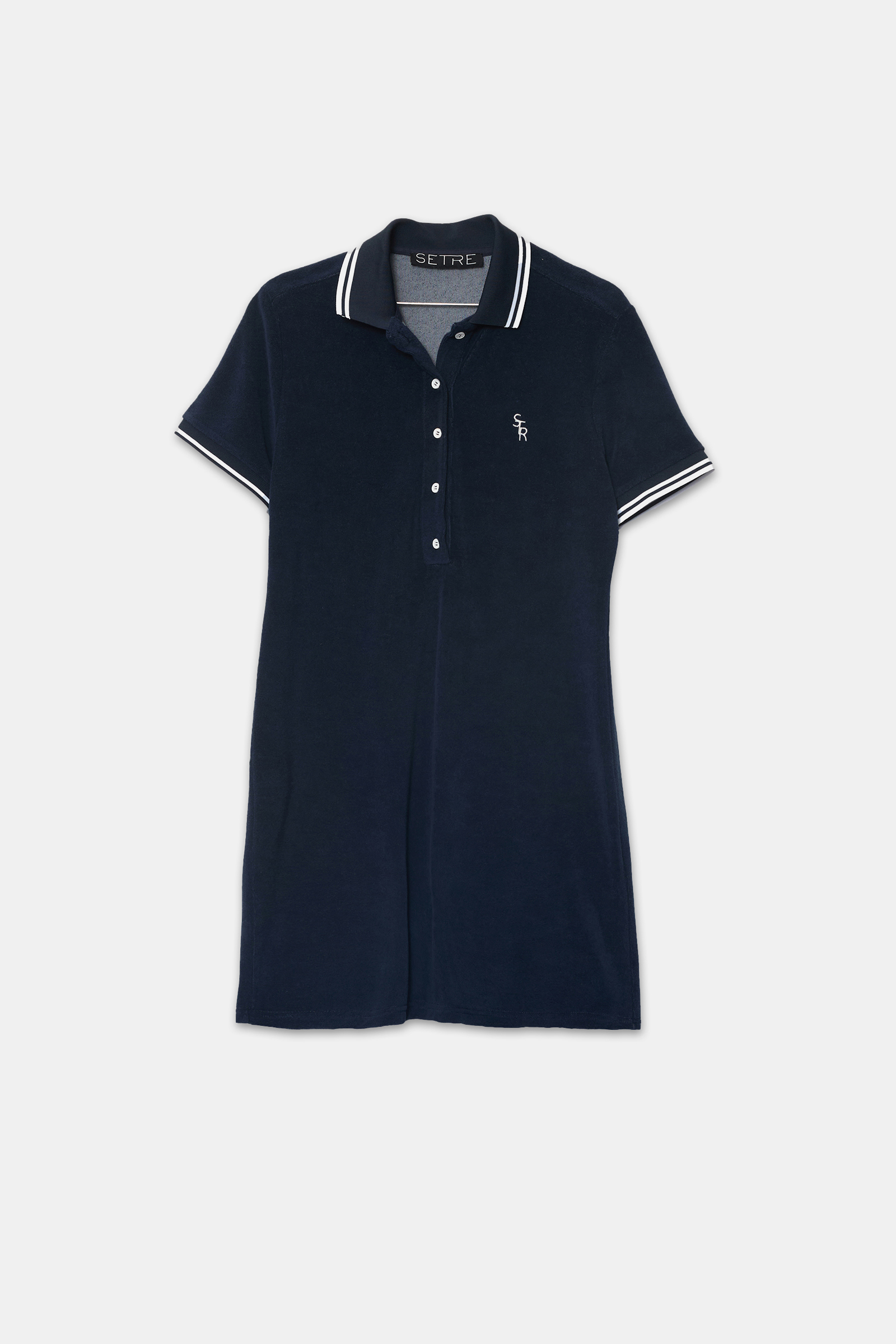 Lacivert Dar Kalıp Önden Düğme Ve Yaka Detaylı Kısa Kollu Şeritli Havlu Kumaş Mini Elbise Kadın Günlük Elbise modelleri