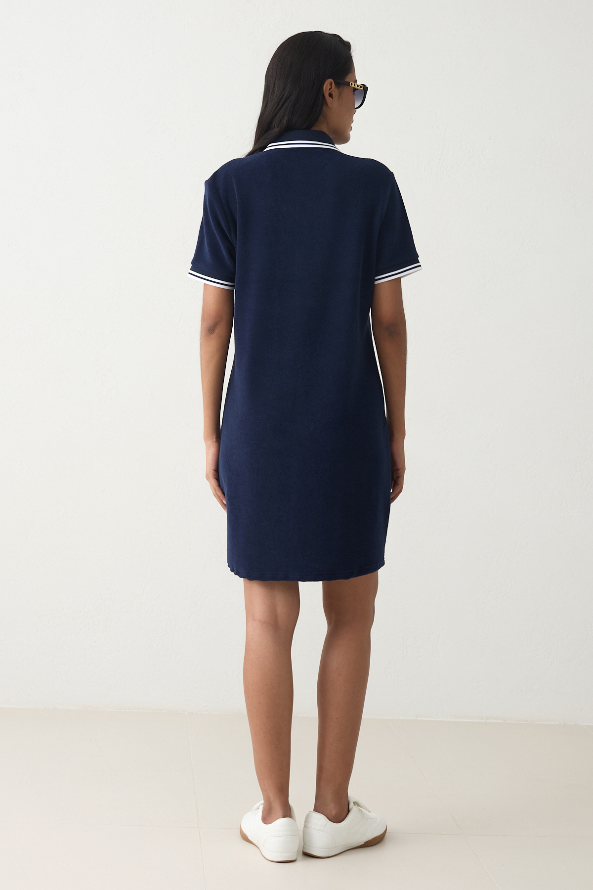 Lacivert Dar Kalıp Önden Düğme Ve Yaka Detaylı Kısa Kollu Şeritli Havlu Kumaş Mini Elbise Kadın Günlük Elbise modelleri