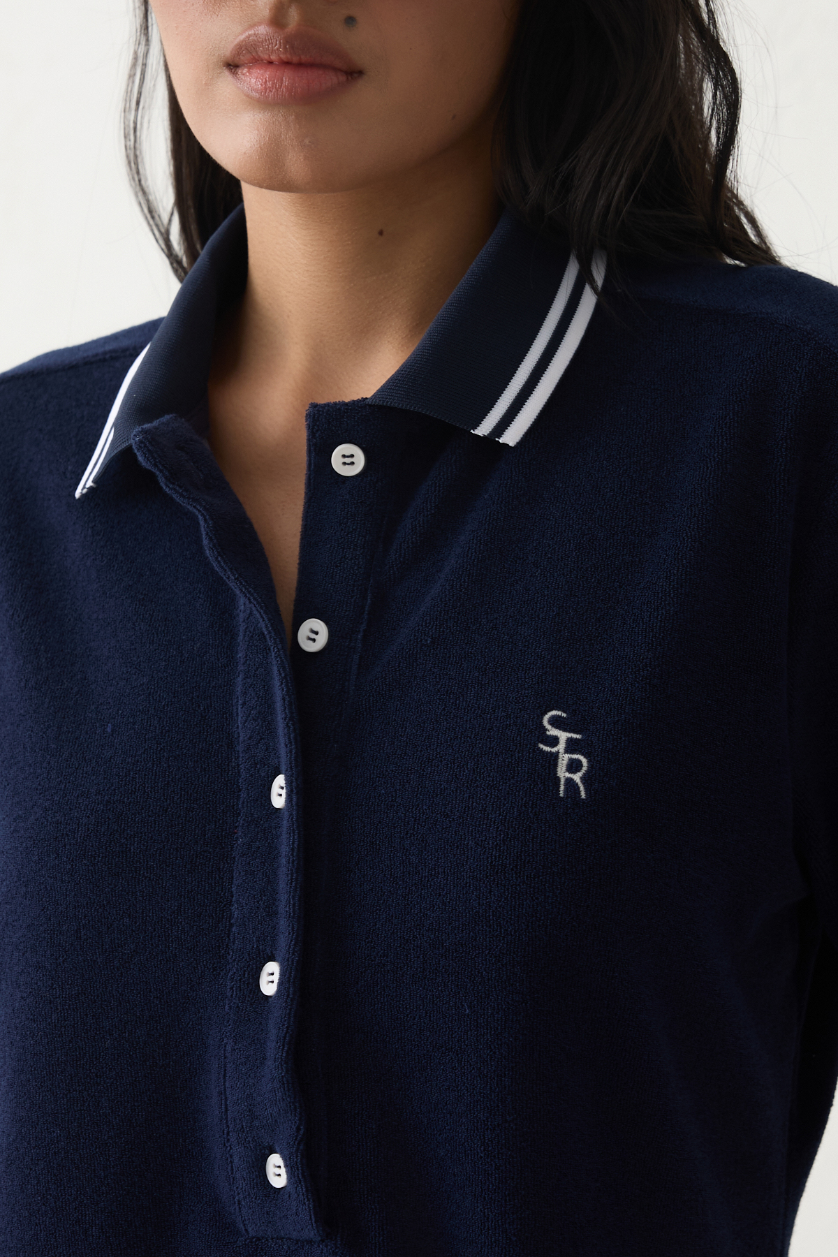 Lacivert Dar Kalıp Önden Düğme Ve Yaka Detaylı Kısa Kollu Şeritli Havlu Kumaş Mini Elbise Kadın Günlük Elbise modelleri