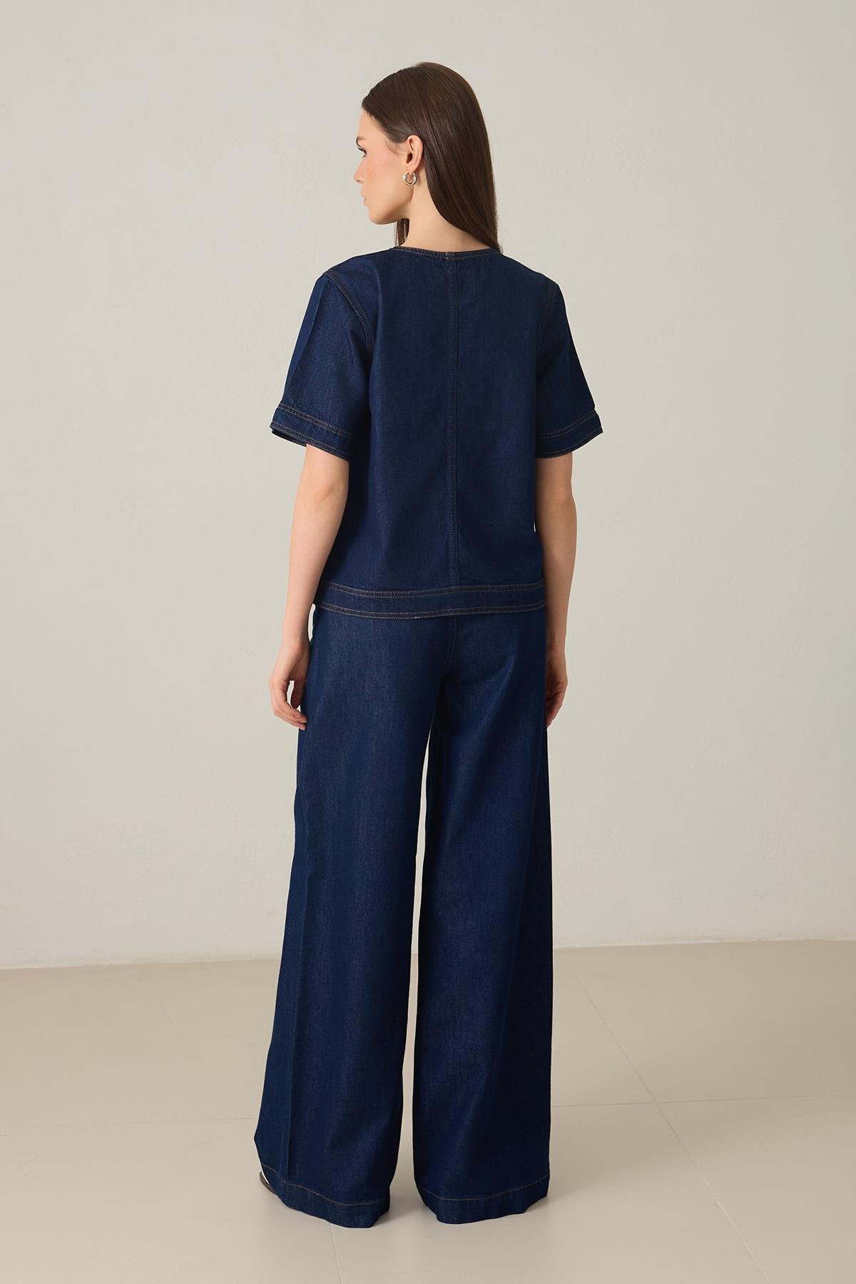 Lacivert Düğme Ve Cep Detaylı Kısa Kollu Yakasız Kot Ceket Kadın Ceket modelleri