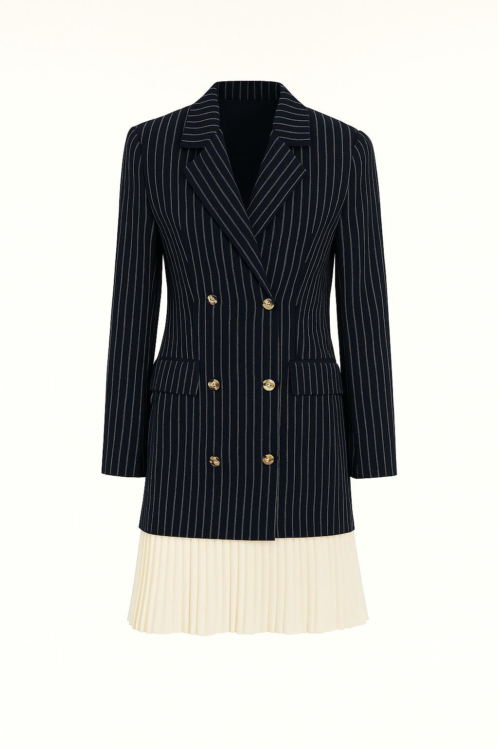 Lacivert Etekte Pilise Detaylı Çizgili Ceket Elbise Kadın Günlük Elbise modelleri