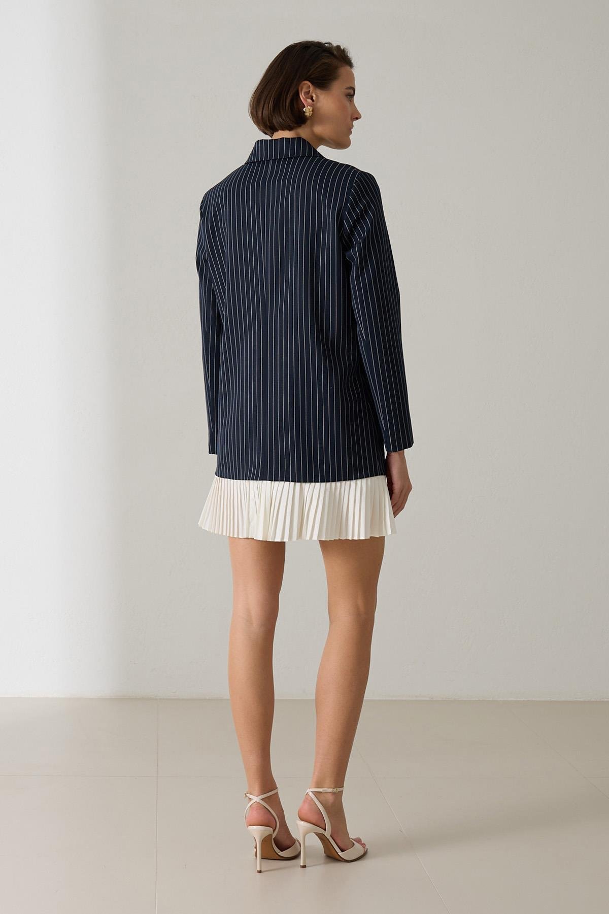Lacivert Etekte Pilise Detaylı Çizgili Ceket Elbise Kadın Günlük Elbise modelleri