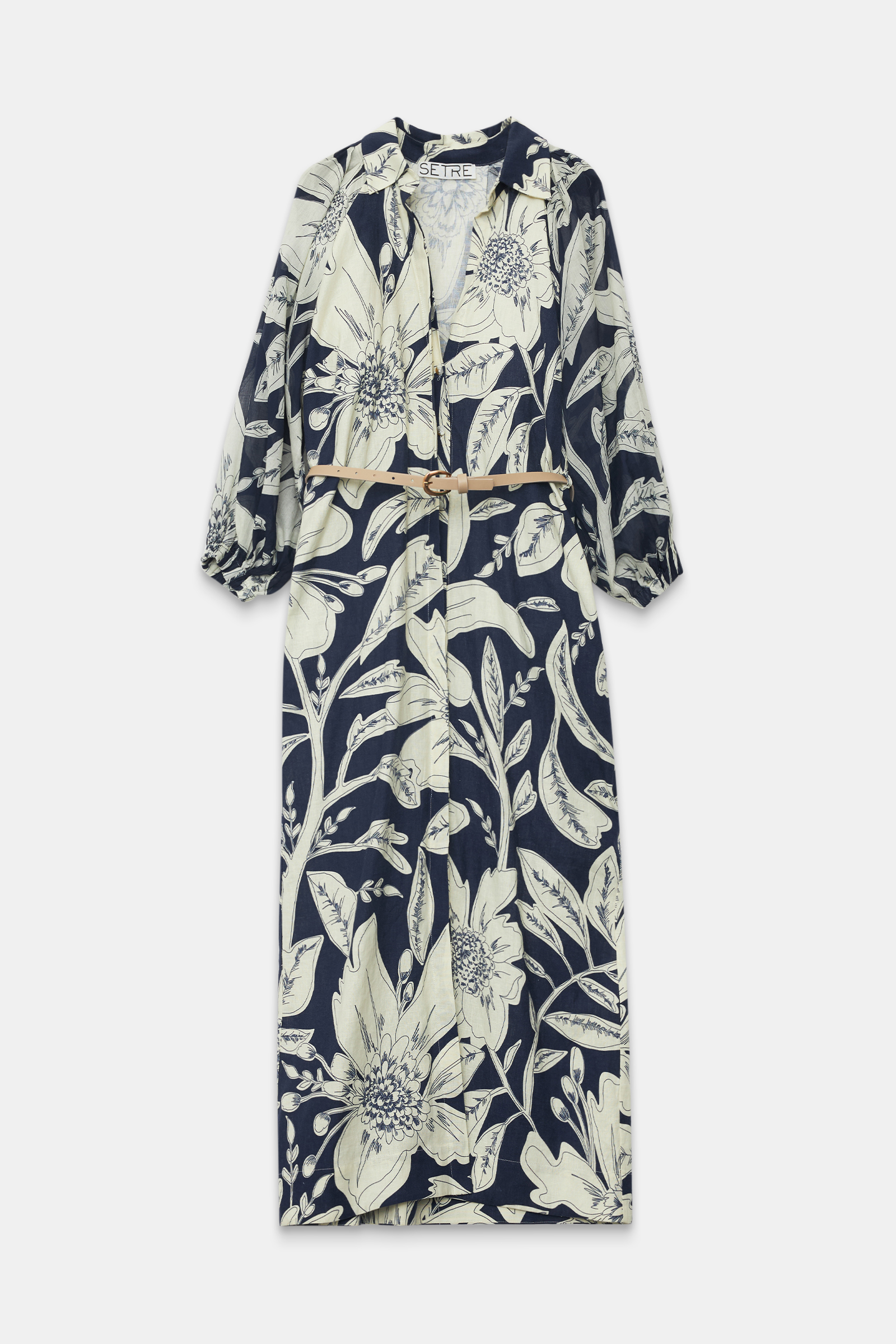 Lacivert Gömlek Yaka Uzun Kollu Belden Kemerli Uzun Boy Desenli Geniş Kalıp Elbise Kadın Günlük Elbise modelleri