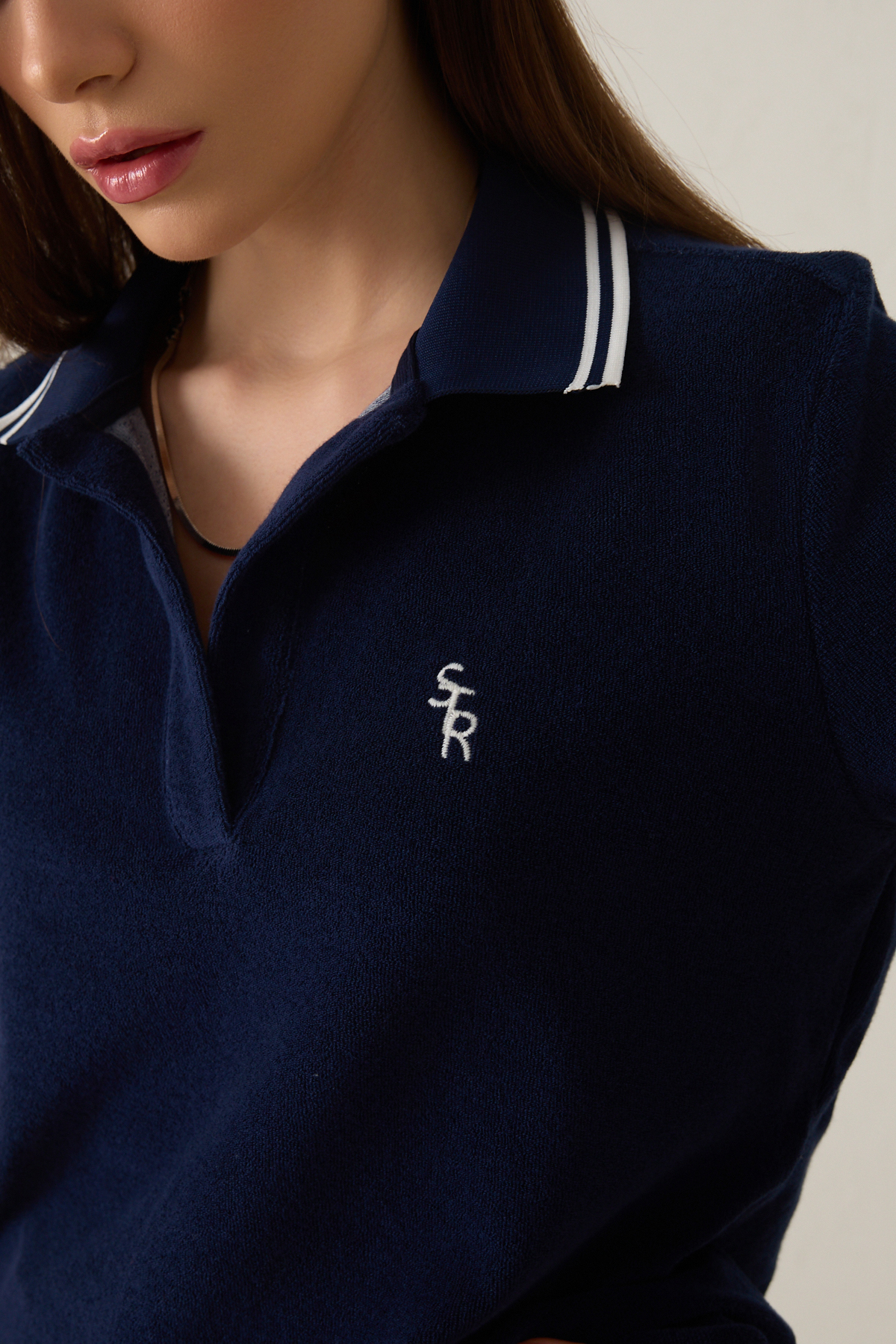 Lacivert Yaka Ve Çizgi Detaylı Havlu Kumaş T-Shirt Kadın T-Shirt modelleri