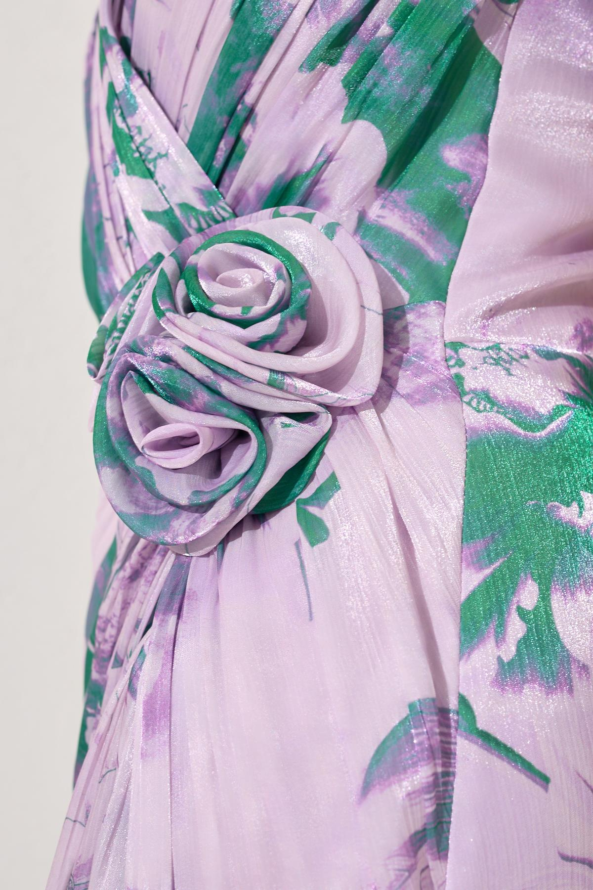 Lila Düşük Omuz Ve Belden Gül Detaylı Desenli Uzun Abiye Elbise Kadın Abiye Elbise modelleri