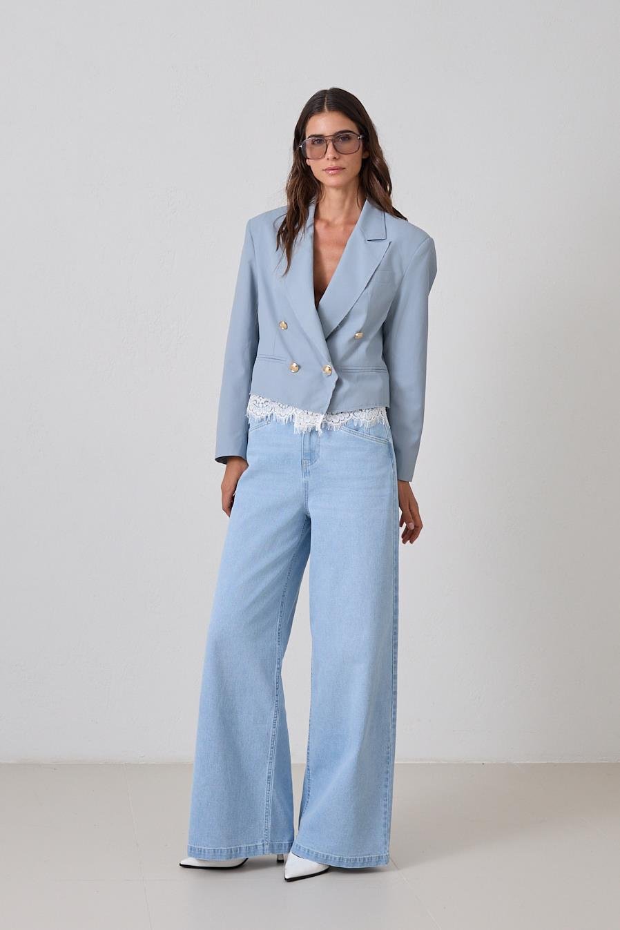 Mavi Asimetrik Kapama Dantel Detaylı Uzun Kollu Kısa Ceket Kadın Ceket modelleri