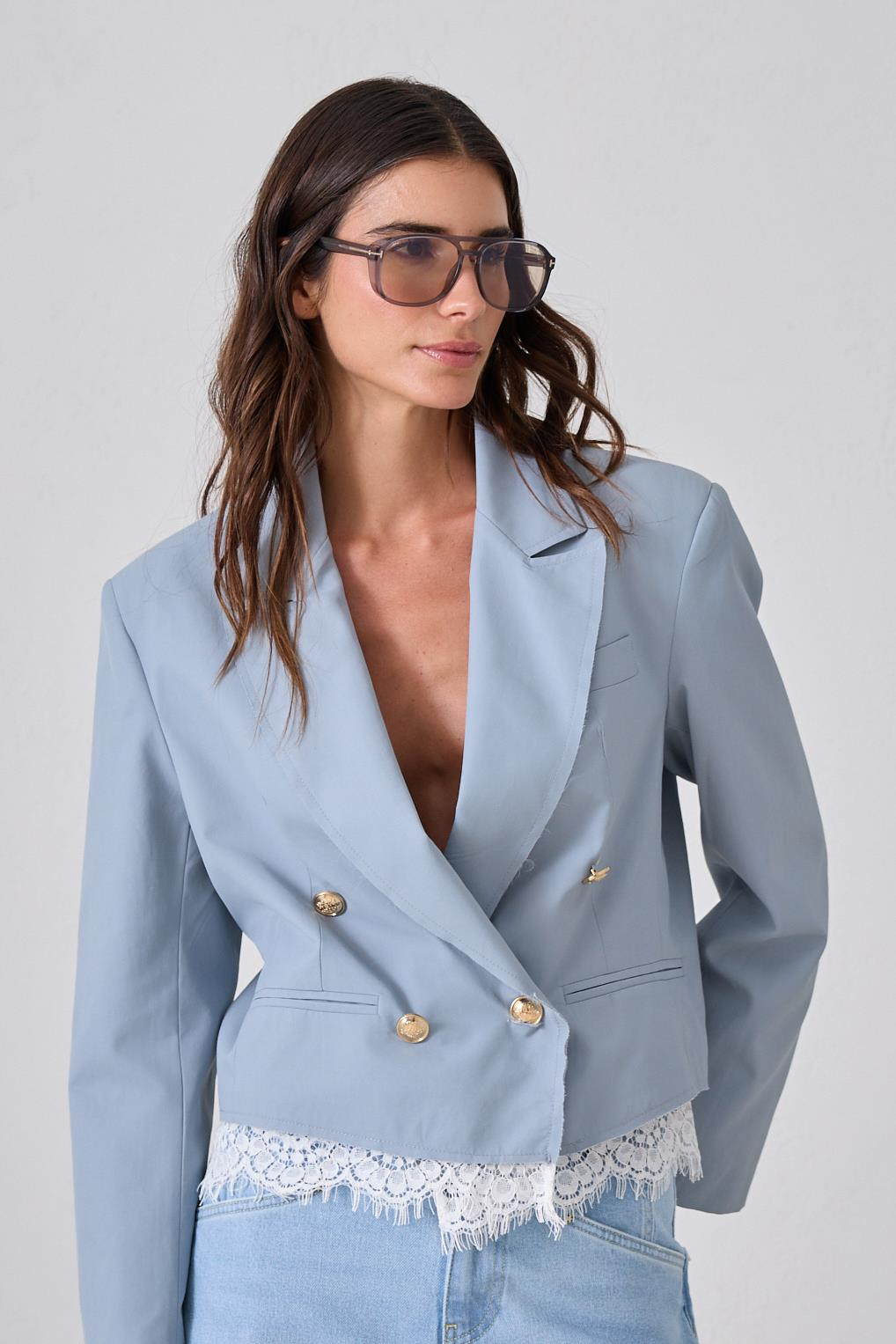 Mavi Asimetrik Kapama Dantel Detaylı Uzun Kollu Kısa Ceket Kadın Ceket modelleri